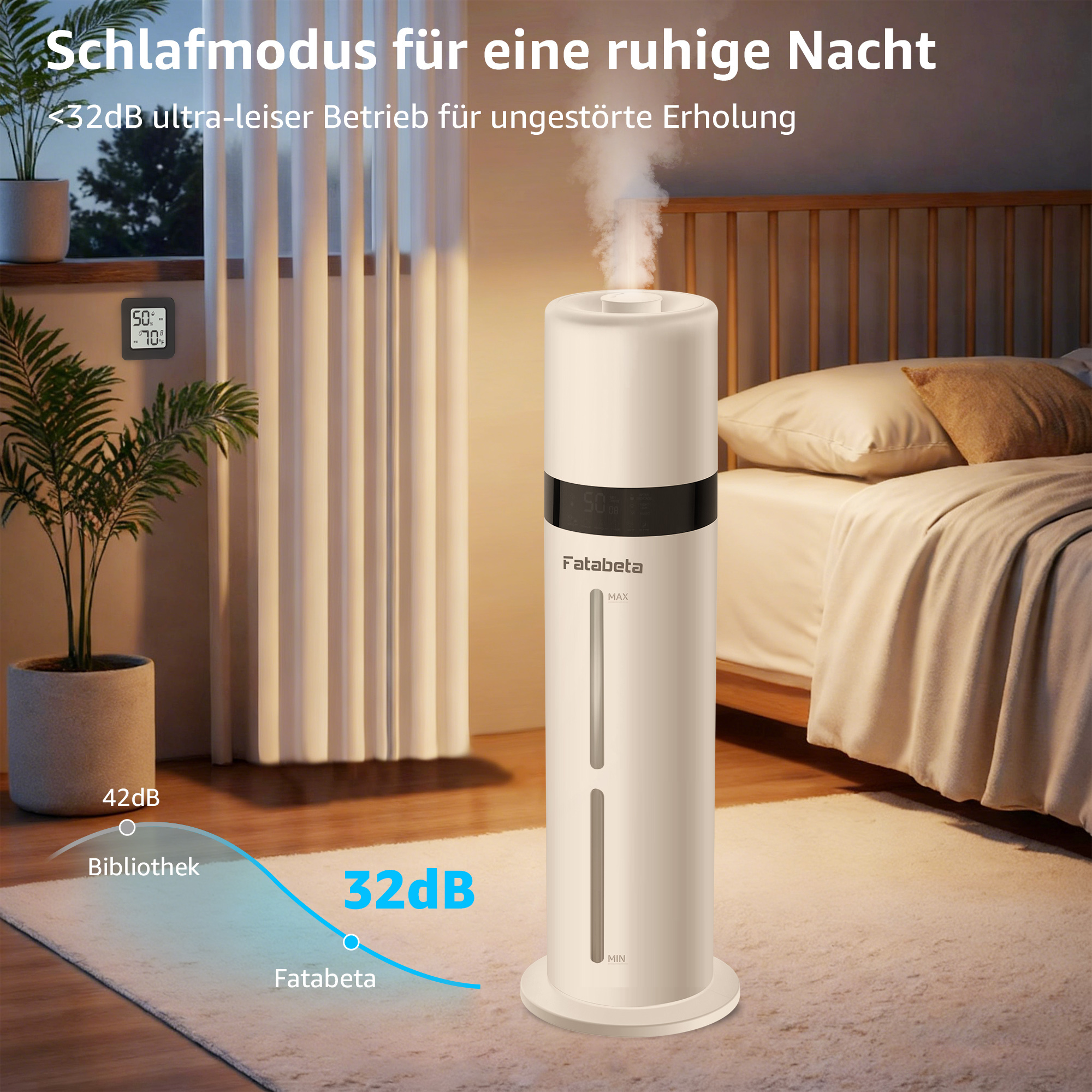 Ein weißer Luftbefeuchter arbeitet leise in einem Schlafzimmer mit Bett, Pflanze und Display.