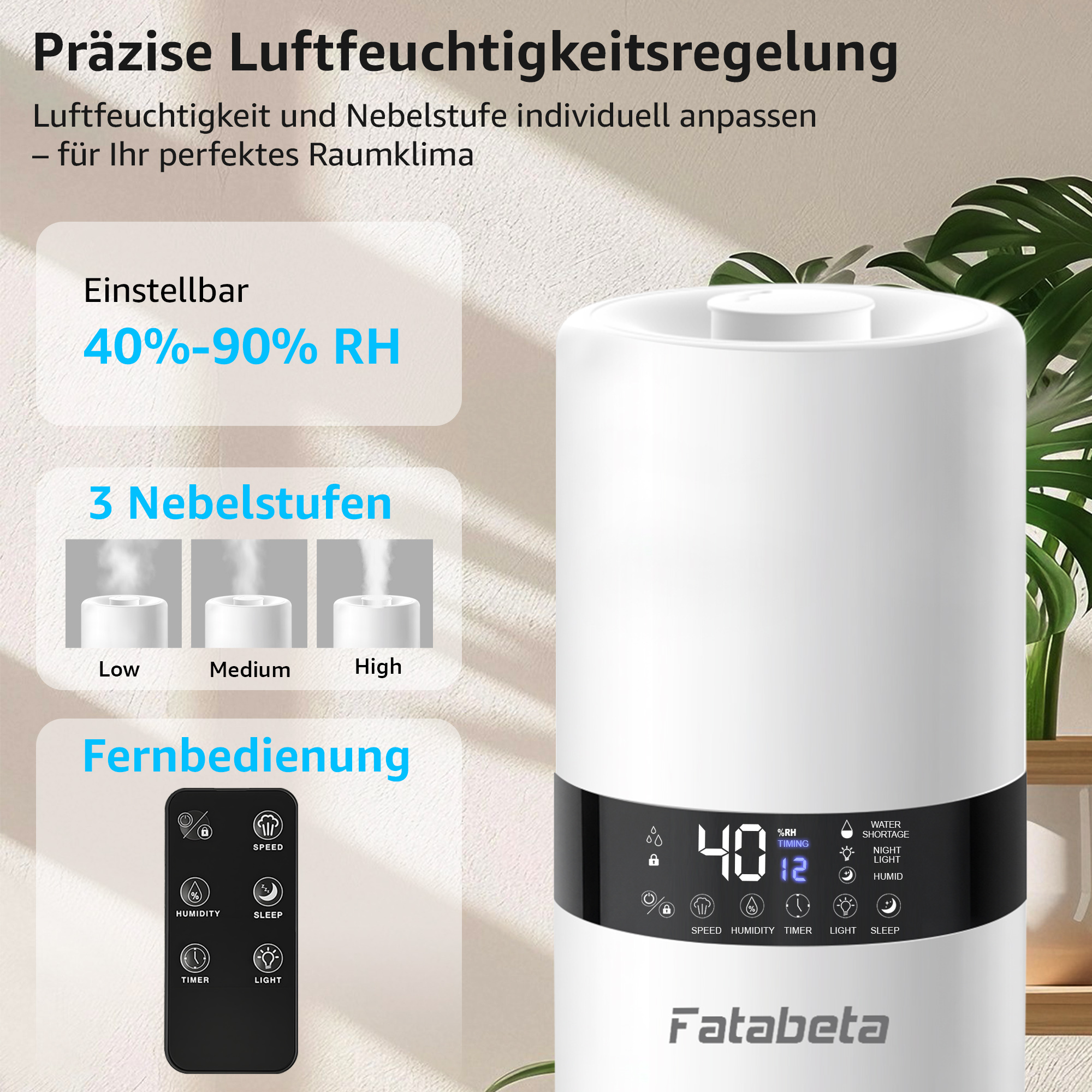 Ein weißer Luftbefeuchter mit Fernbedienung zeigt 40% Luftfeuchtigkeit an.