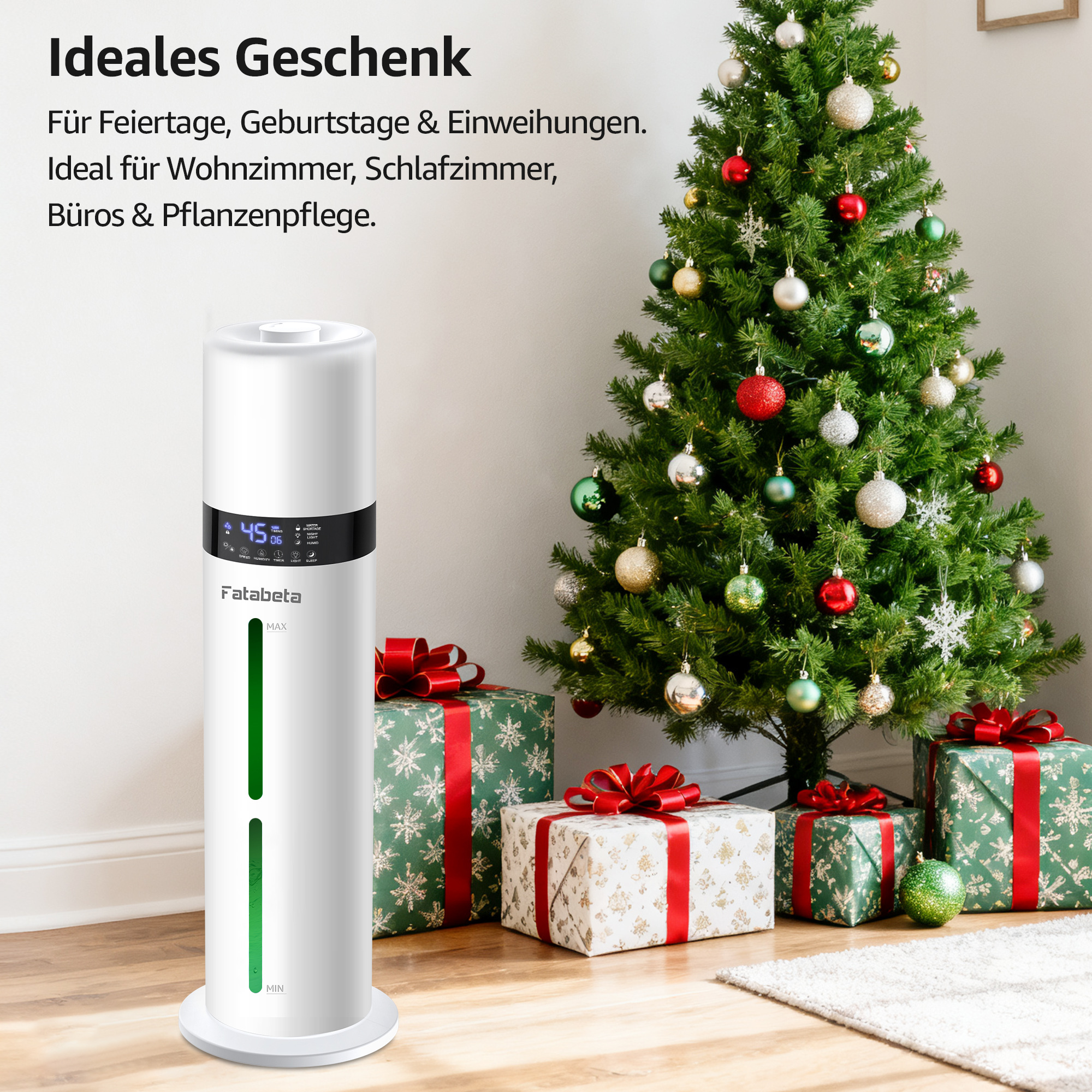 Ein weißer Luftbefeuchter steht neben einem Weihnachtsbaum mit Geschenken.