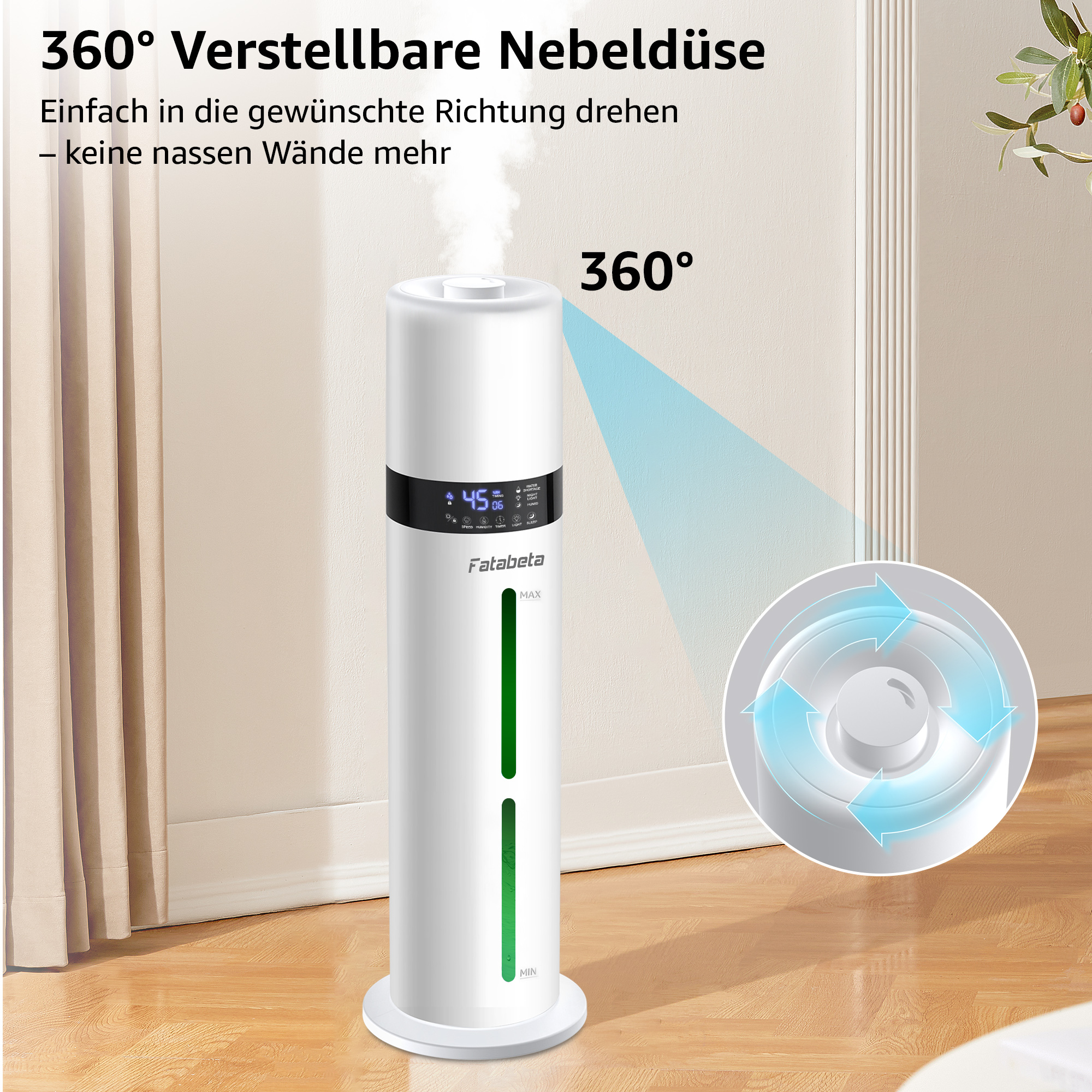 Ein weißer Luftbefeuchter mit 360° drehbarer Düse gibt Dampf ab.
