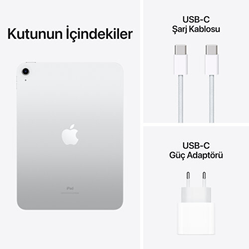 Apple logosuna sahip gümüş iPad ve aksesuarlar: USB-C şarj kablosu ve adaptör.