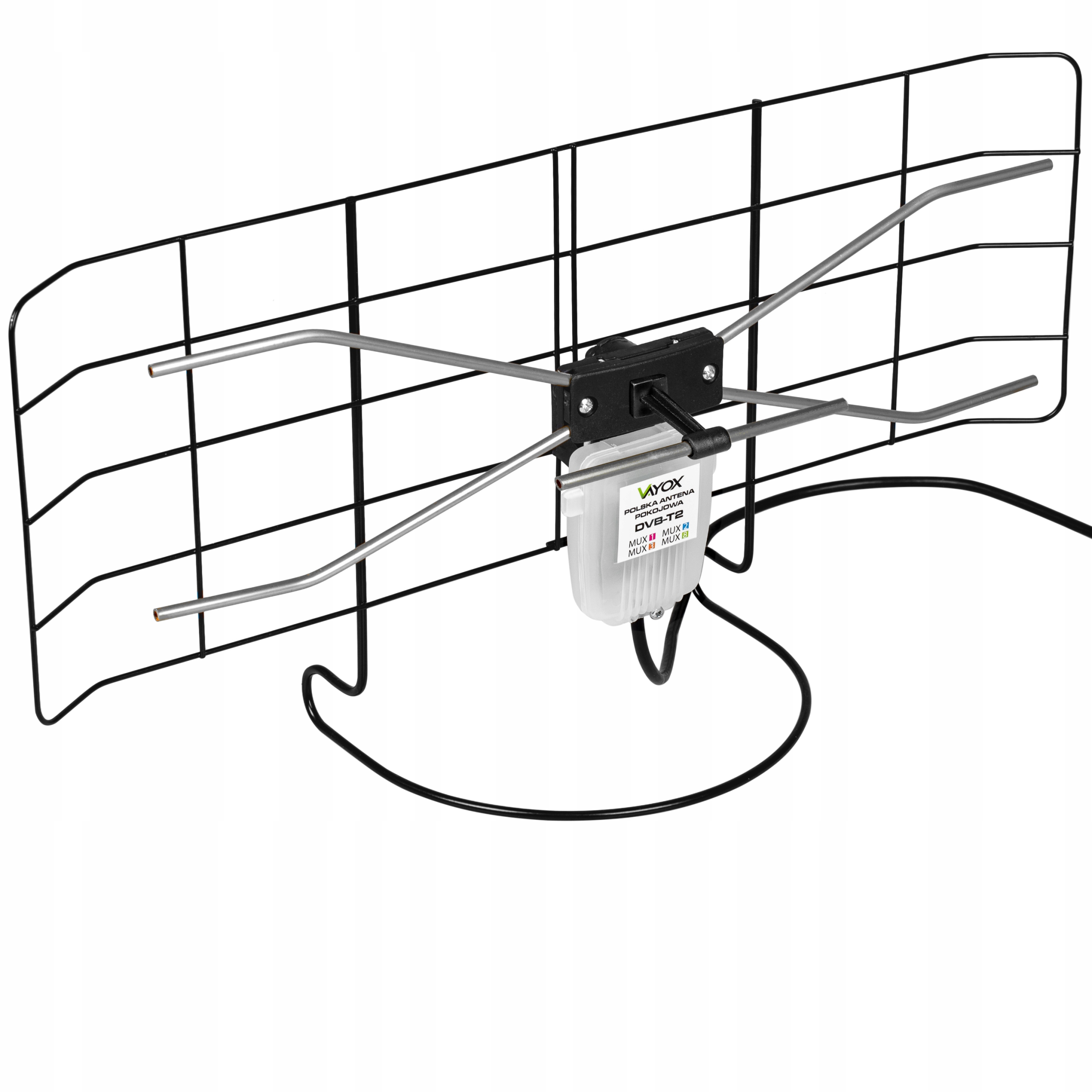 Ein schwarzer Gitterantenne mit silbernen Elementen und einem weißen Verstärker.
