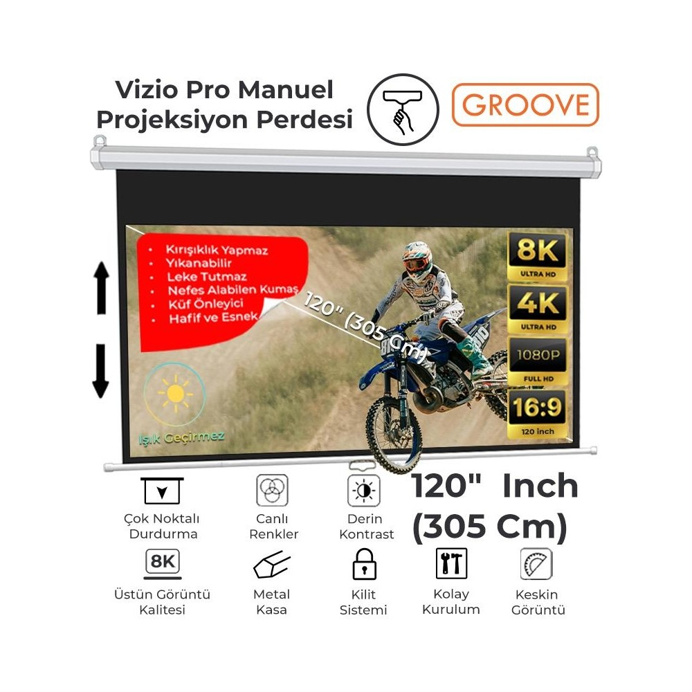 Motosikletli grafikli projeksiyon perdesi, 120 inç (305 cm), 8K, 4K, 1080P.
