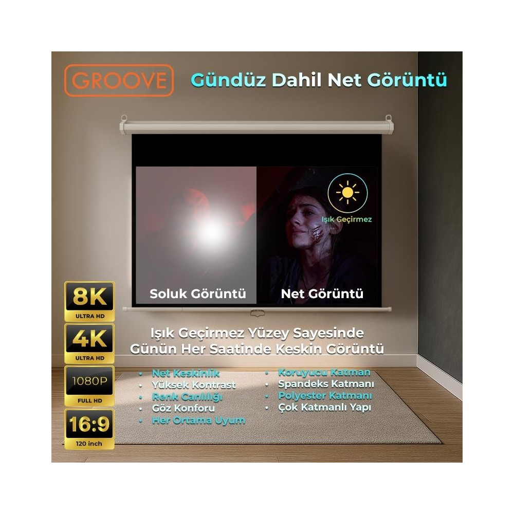Projeksiyon perdesi: soluk vs. net görüntü, 8K, 4K.