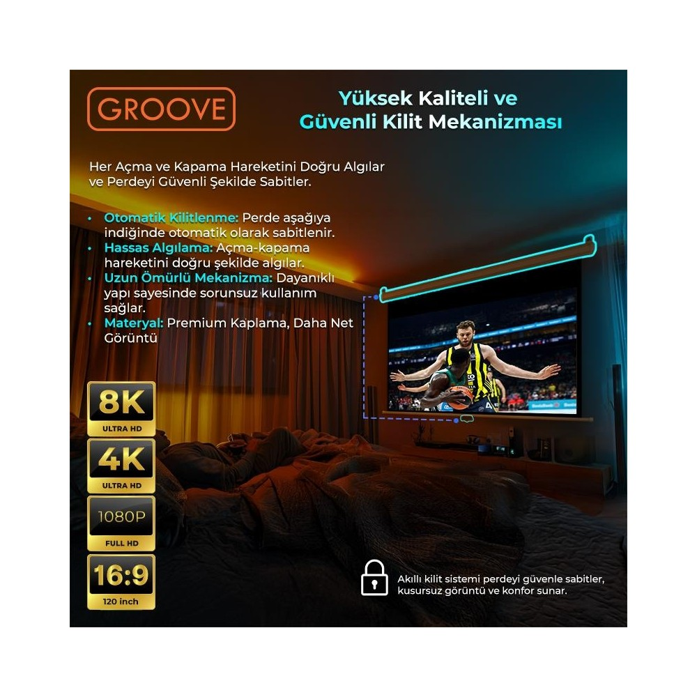 Groove logosu, 8K, 4K, 1080p, 16:9, basketbol maçı gösteren 120 inç ekran.