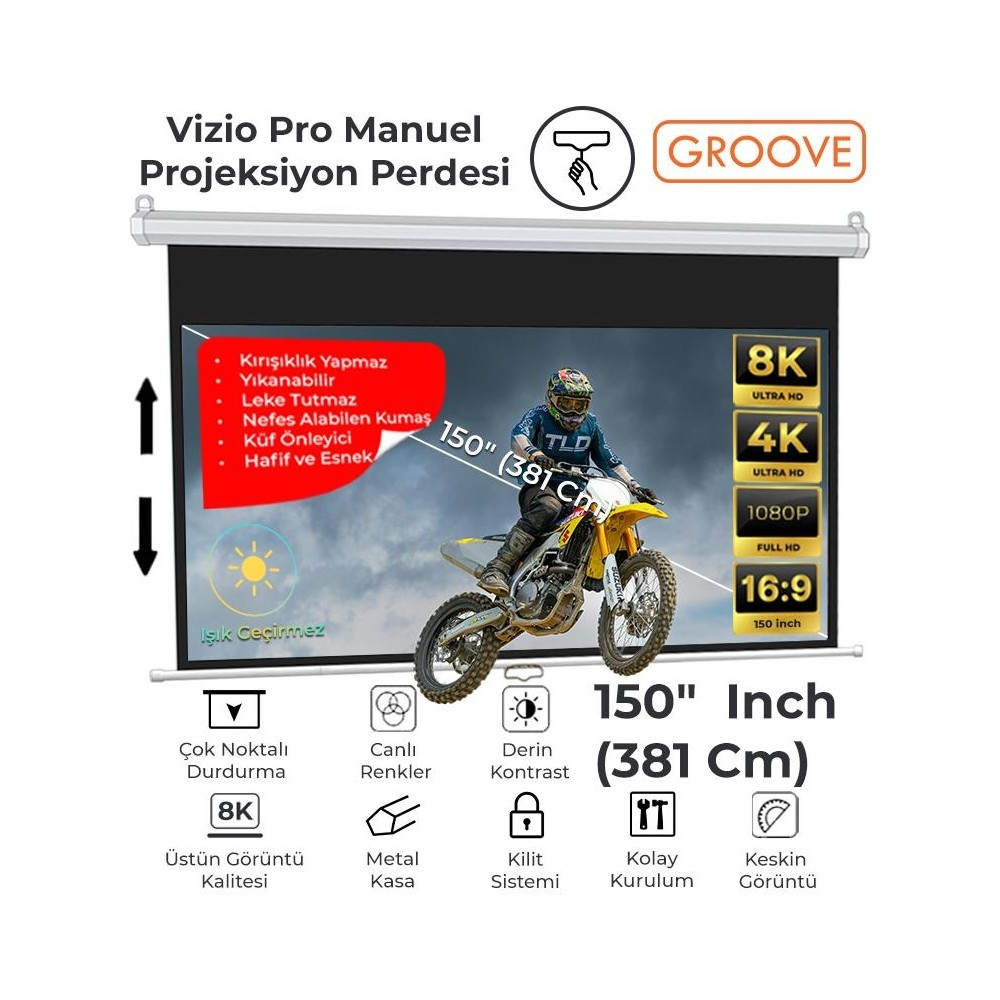 Motosikletli grafikli projeksiyon perdesi, 150 inç (381 cm), 8K, 4K.