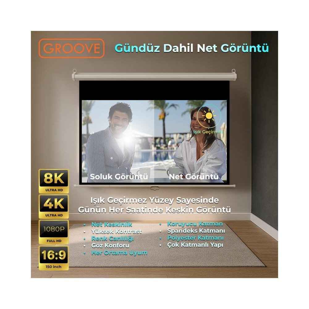 8K, 4K, 1080P çözünürlüklü projektör ekranı. Sağda parlak, solda soluk görüntü.