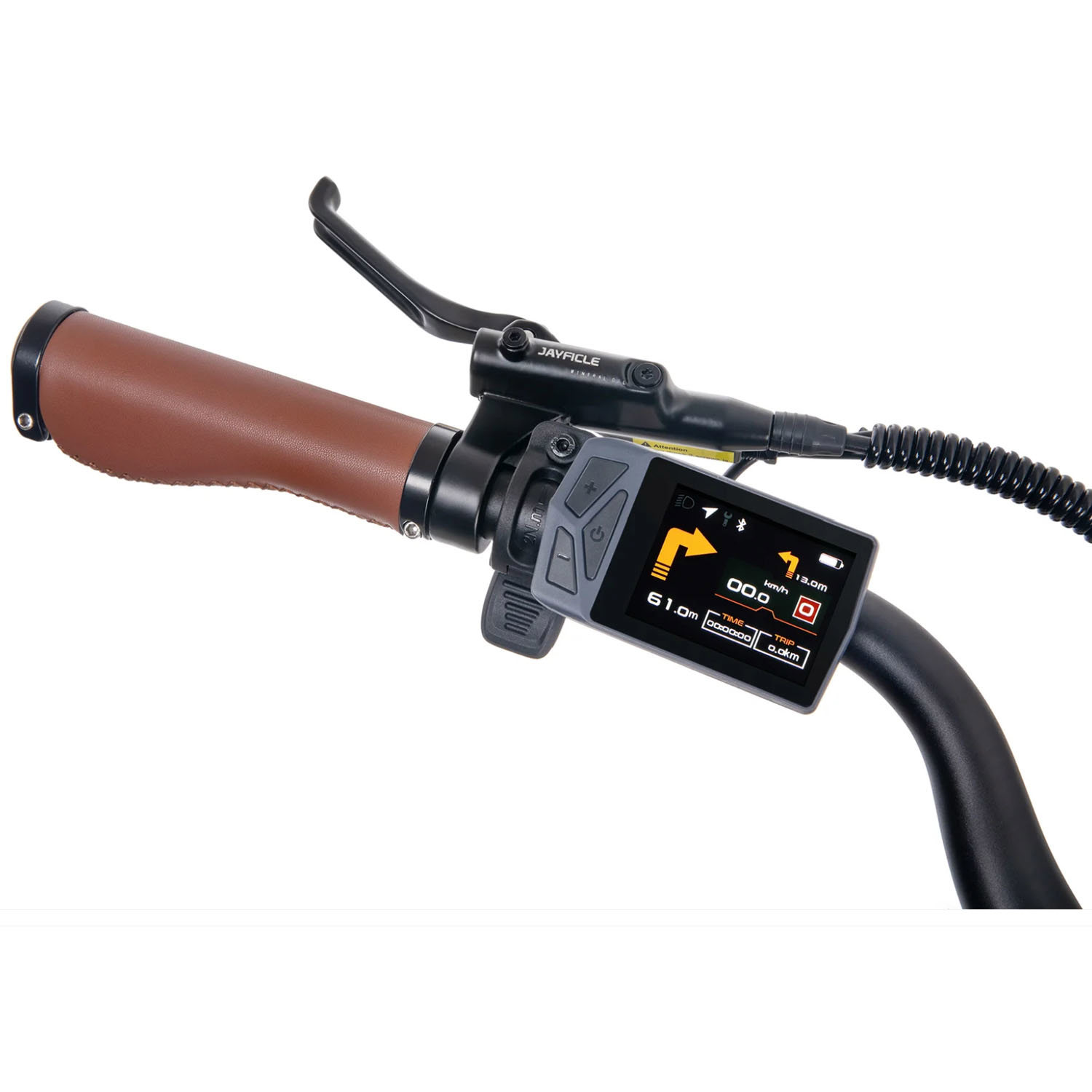 Pantalla de e-bike con puño marrón, maneta de freno y manillar negro.