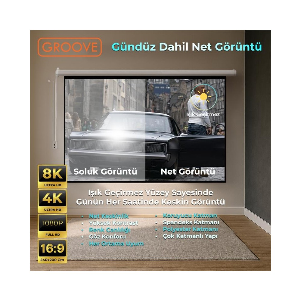 Ekran karşılaştırması: solda soluk, sağda net gündüz görüntüsü. 8K, 4K, 1080p, 16:9.