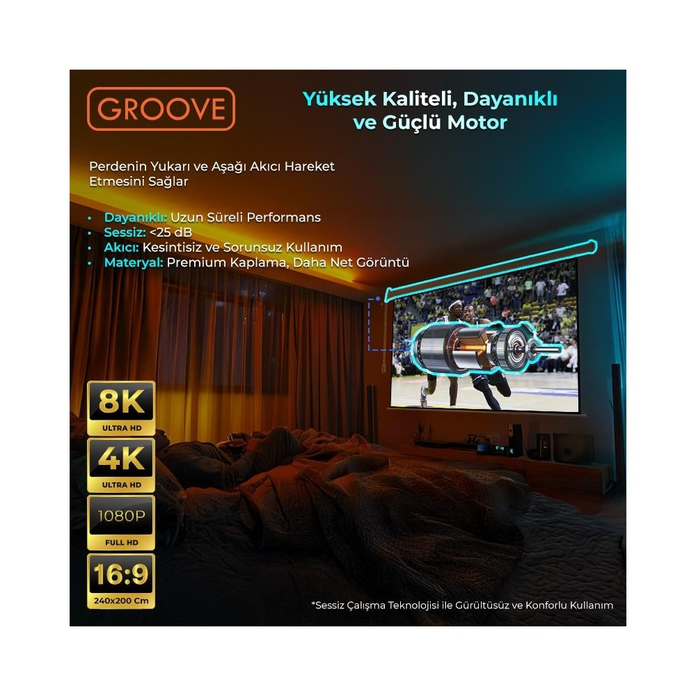 Motor detayları ve çözünürlük bilgileri gösteren projektör ekranı: 8K, 4K, 1080P.