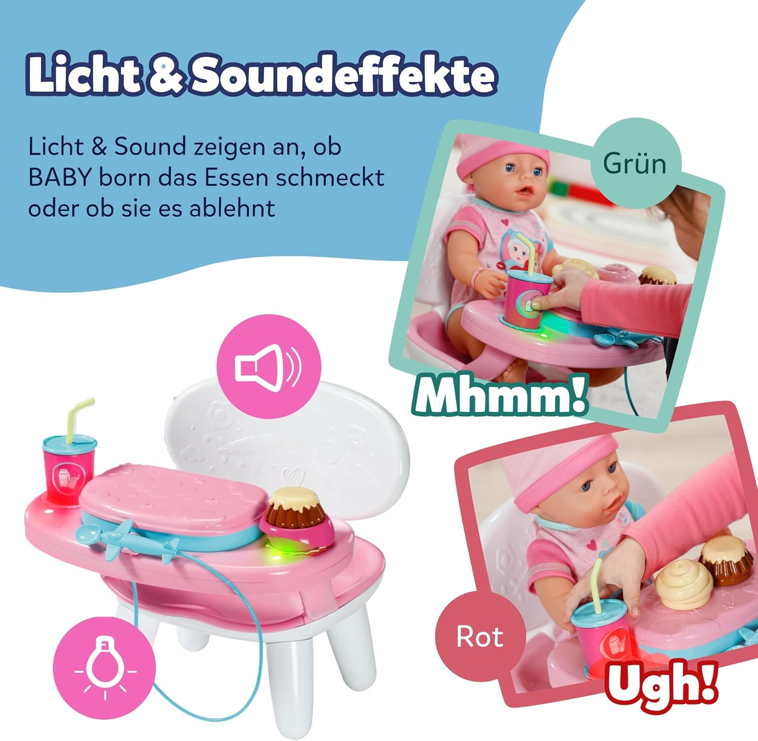 Ein Spielzeug-Essensset mit Babypuppe, Lichtern und Geräuschen.