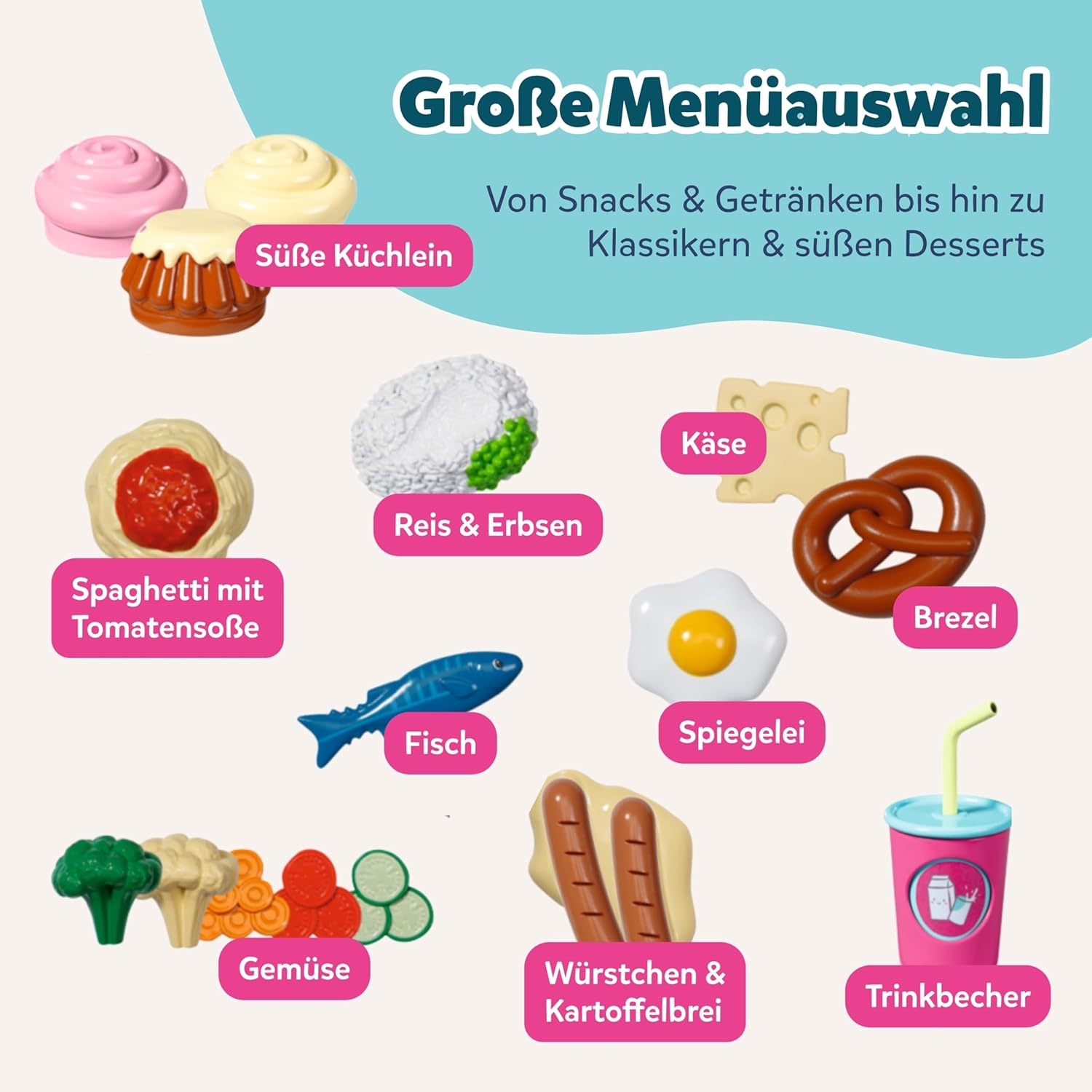 Spielzeug-Lebensmittel: Süßigkeiten, Spaghetti, Fisch, Gemüse, Käse, Brezel, Ei, Hotdog, Getränk.