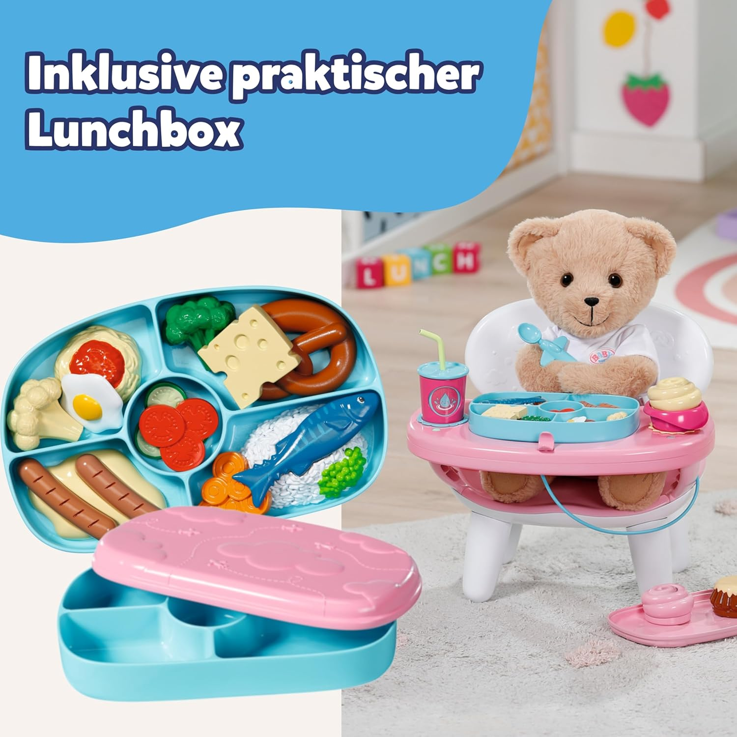 Teddybär am Tisch mit Spielzeug-Essensset und Lunchbox.