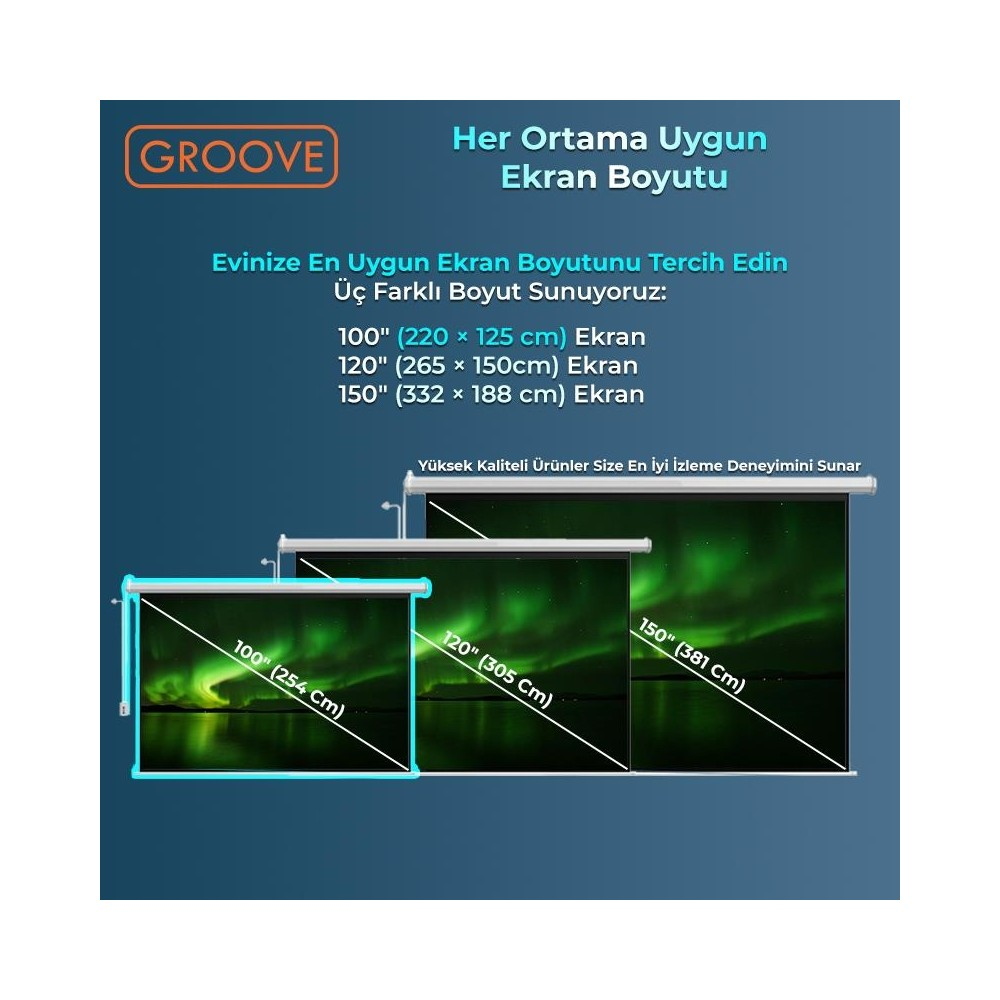 Kuzey ışıklarını gösteren 100", 120" ve 150" boyutlarında üç ekran.