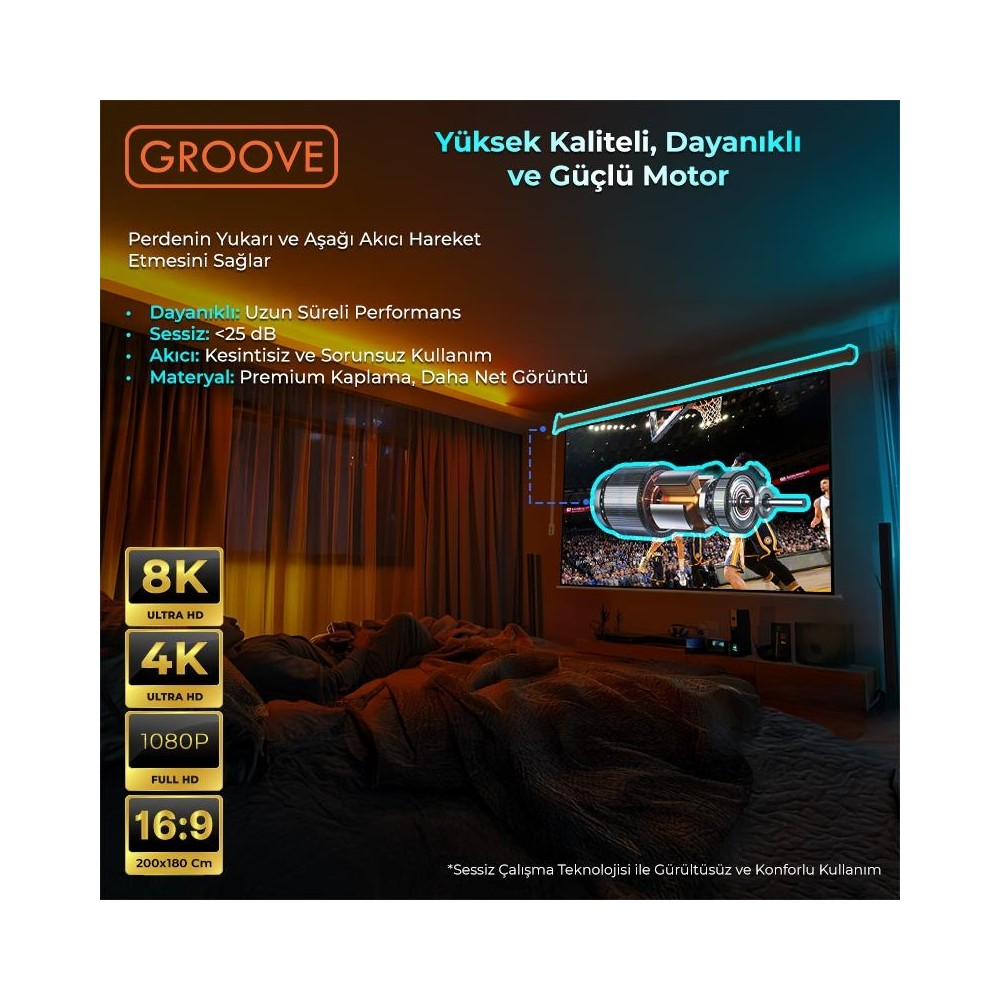 Groove projeksiyon perdesi 8K, 4K, 1080P, 16:9. Yukarı/aşağı akıcı hareket motoru.