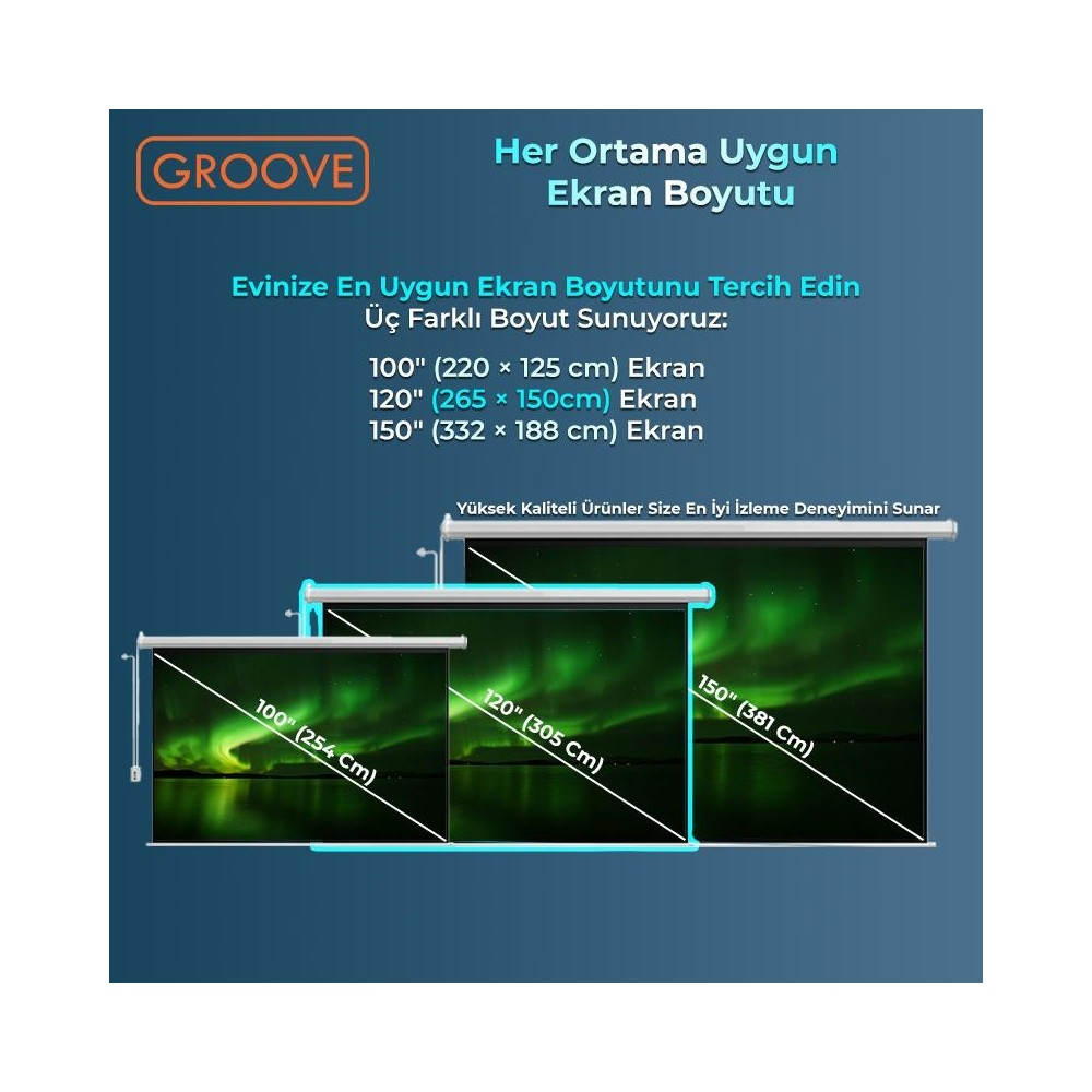 100", 120" ve 150" boyutlarında üç ekran kutup ışıklarını gösteriyor.