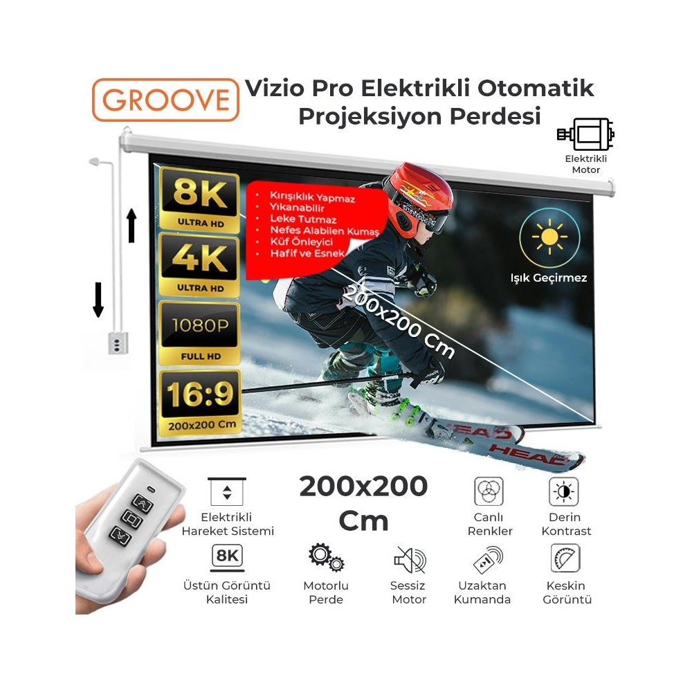 Vizio Pro elektrikli projektör perdesi, kumandalı, 200x200 cm, 8K/4K destekli