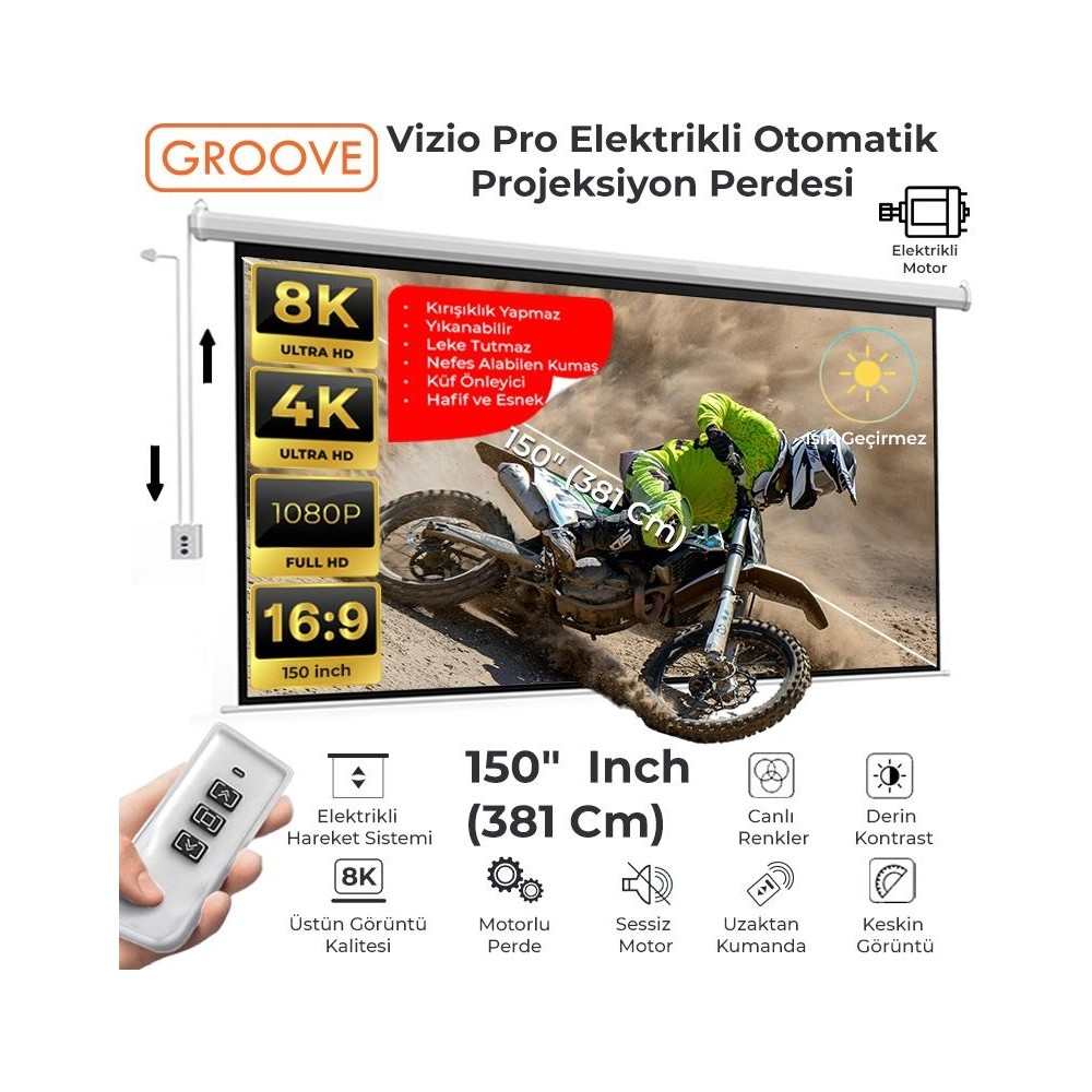 Motorlu projeksiyon perdesi, 150 inç, motokros sürücüsünü gösteriyor.
