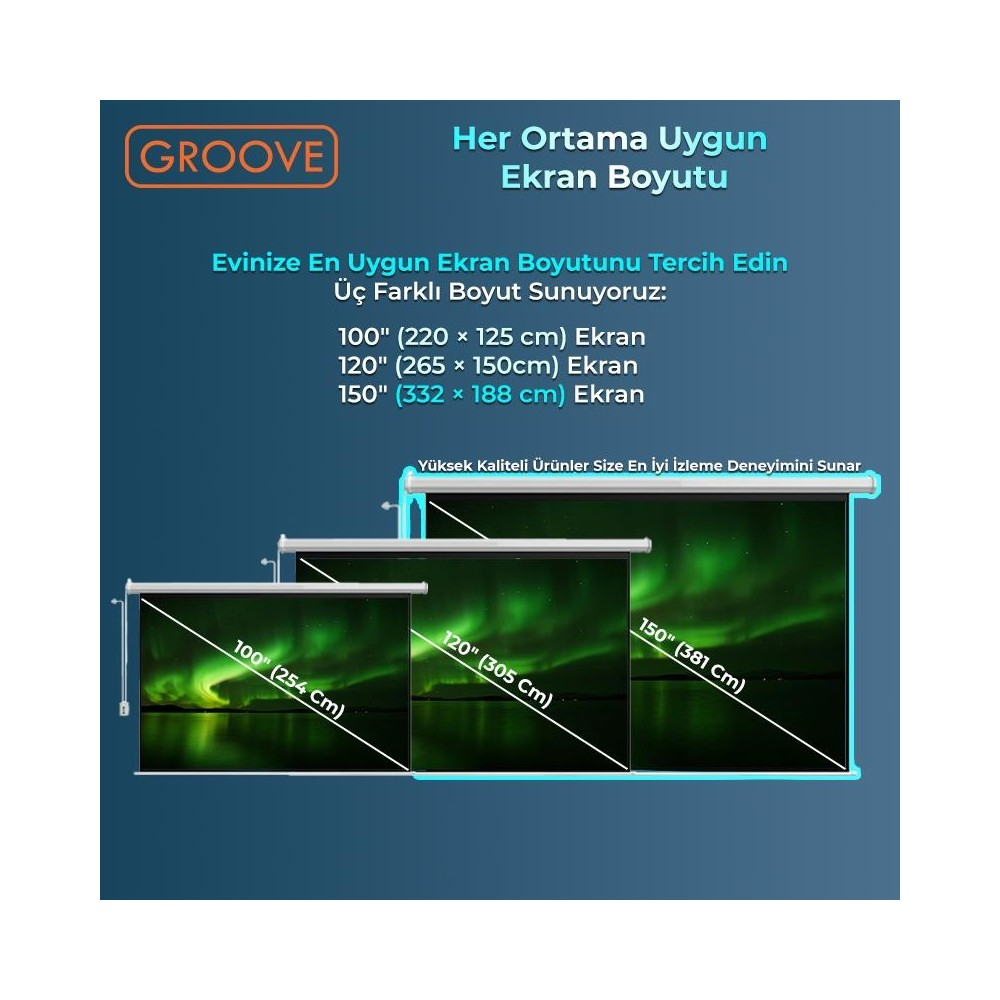 Ekran boyutları 100", 120", 150". Ekranda yeşil kutup ışıkları.