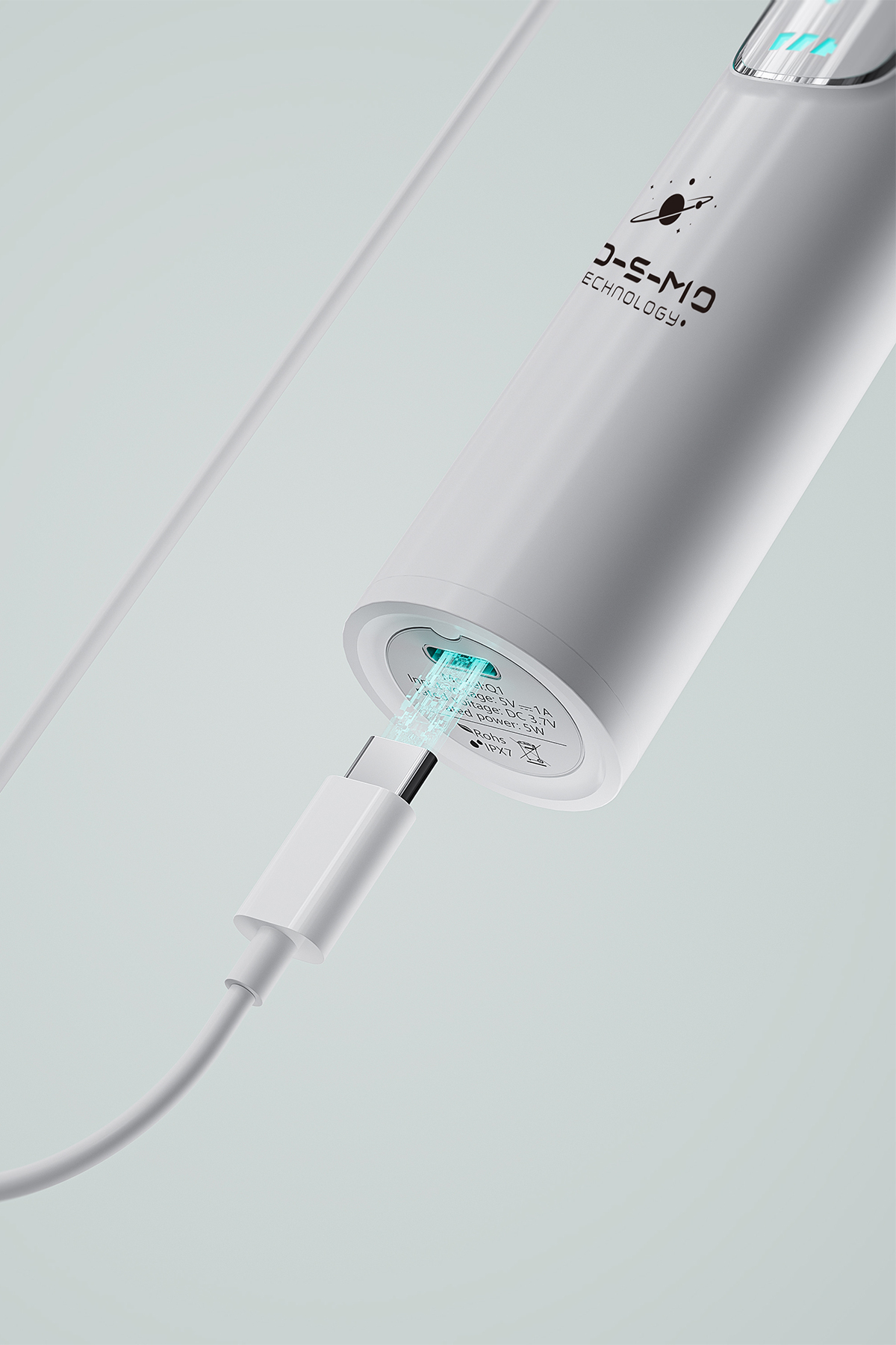 Beyaz bir cihaz, beyaz bir USB-C kablosuyla şarj ediliyor. Parlayan mavi ışıklar.