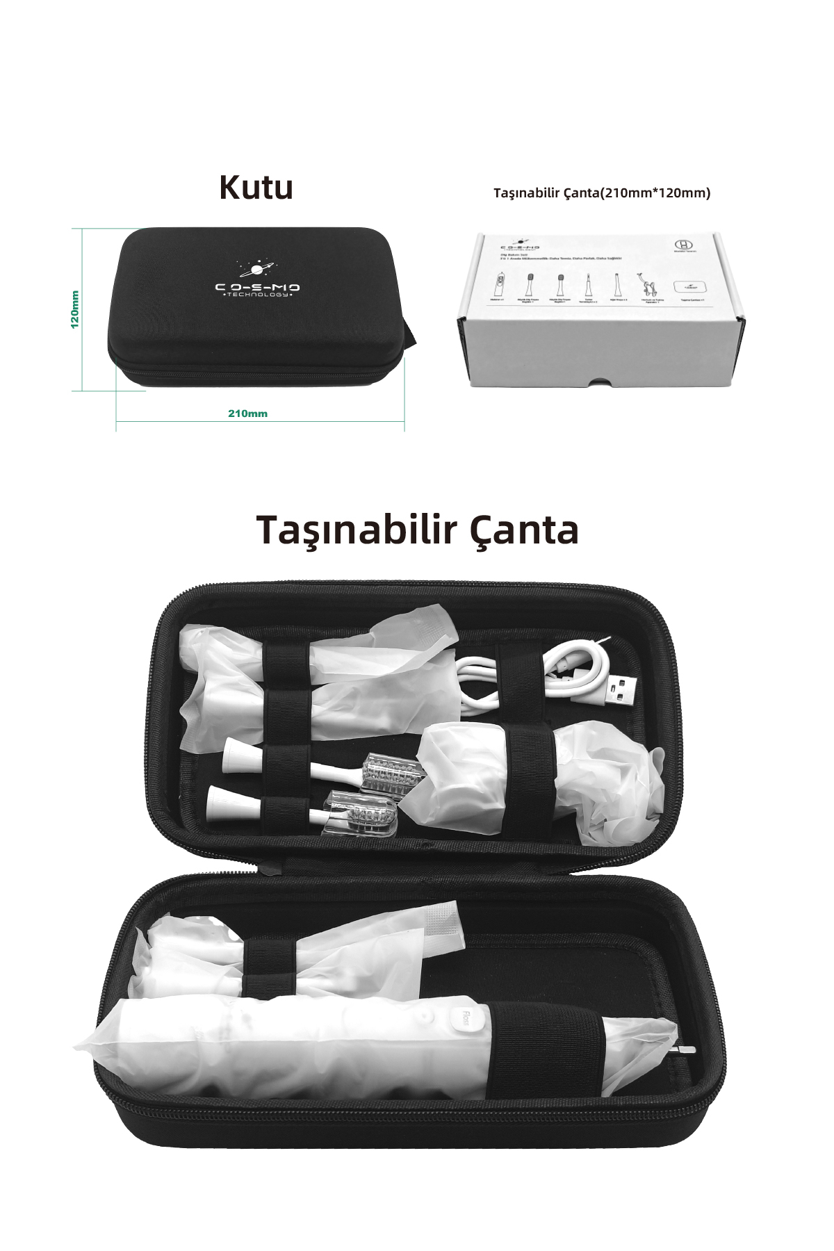 Cihazlar ve aksesuarlar içeren siyah taşıma çantası, açık ve kapalı.