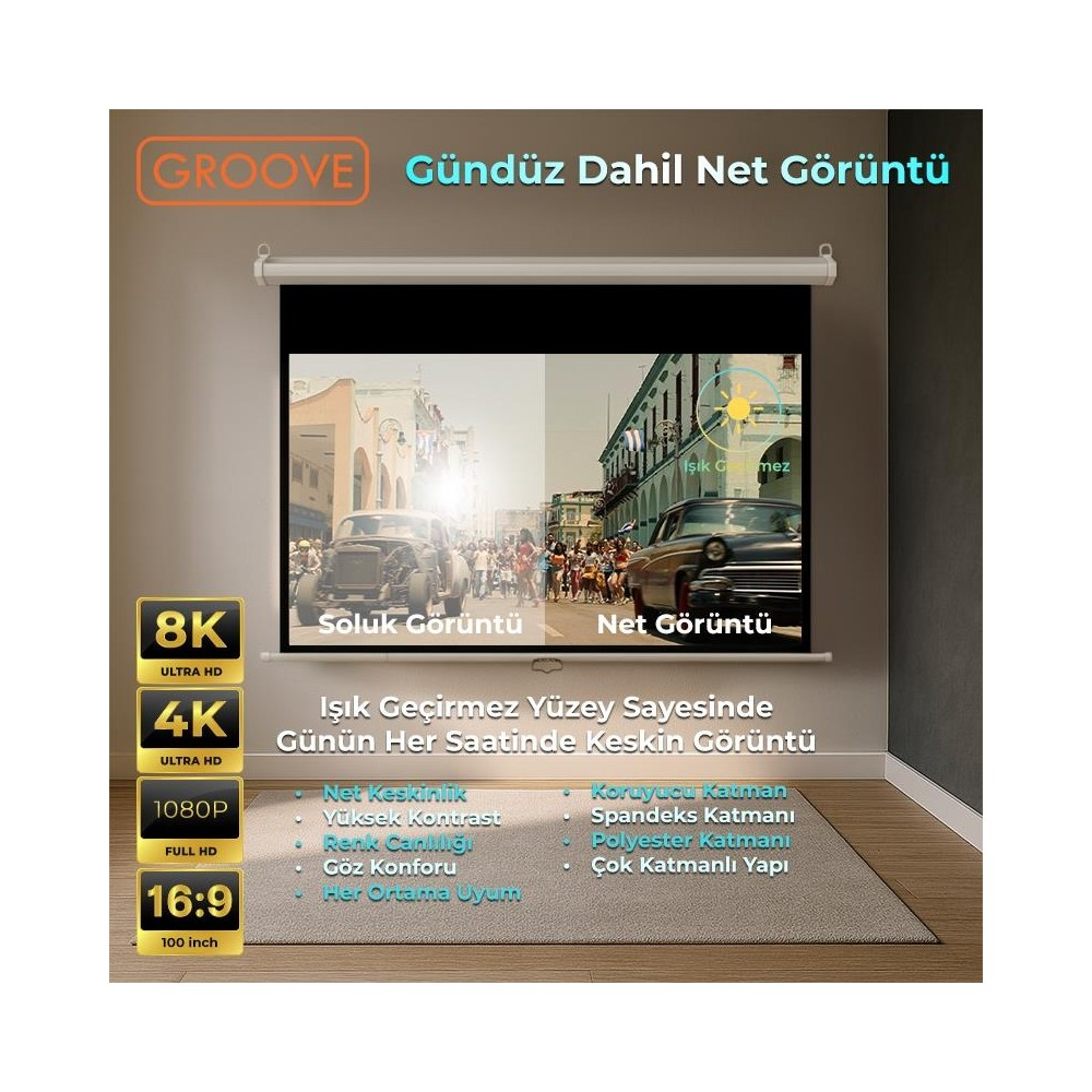 8K, 4K, 1080p, 16:9, 100 inç projektör perdesi. Soluk ve net görüntü karşılaştırması.