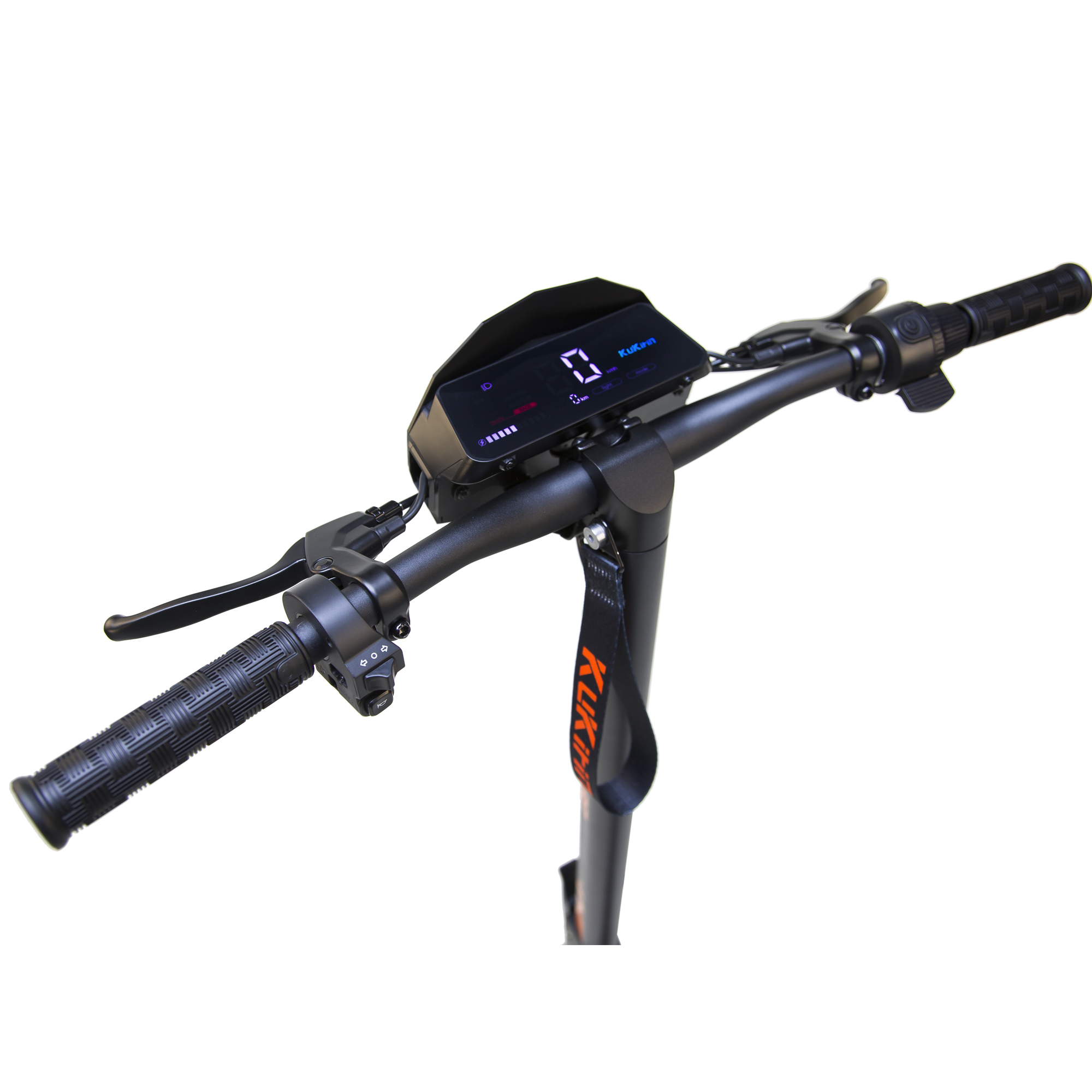 Manillar negro de patinete eléctrico con pantalla, acelerador y freno.