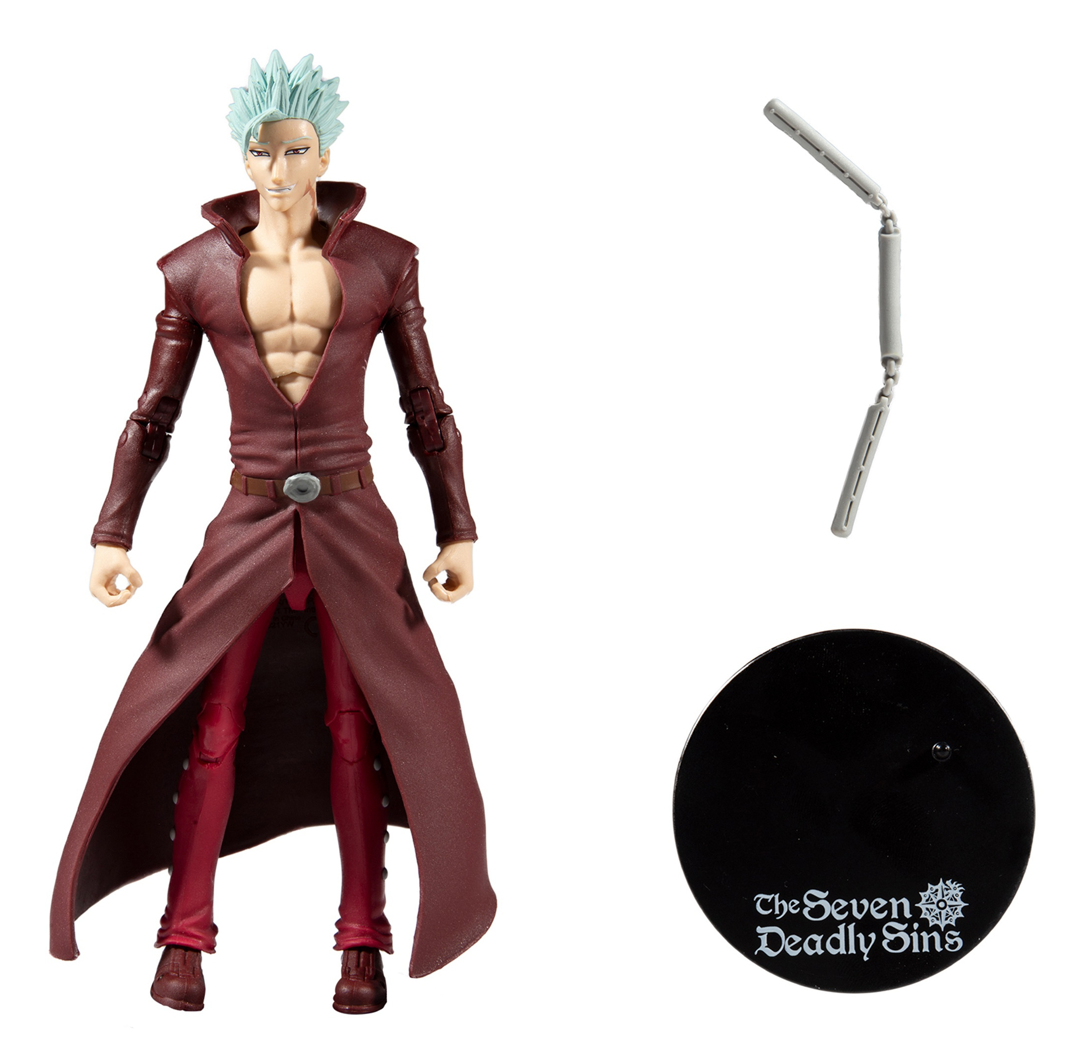 Figura de Ban con abrigo y pantalones rojos, soporte y brazo posable.