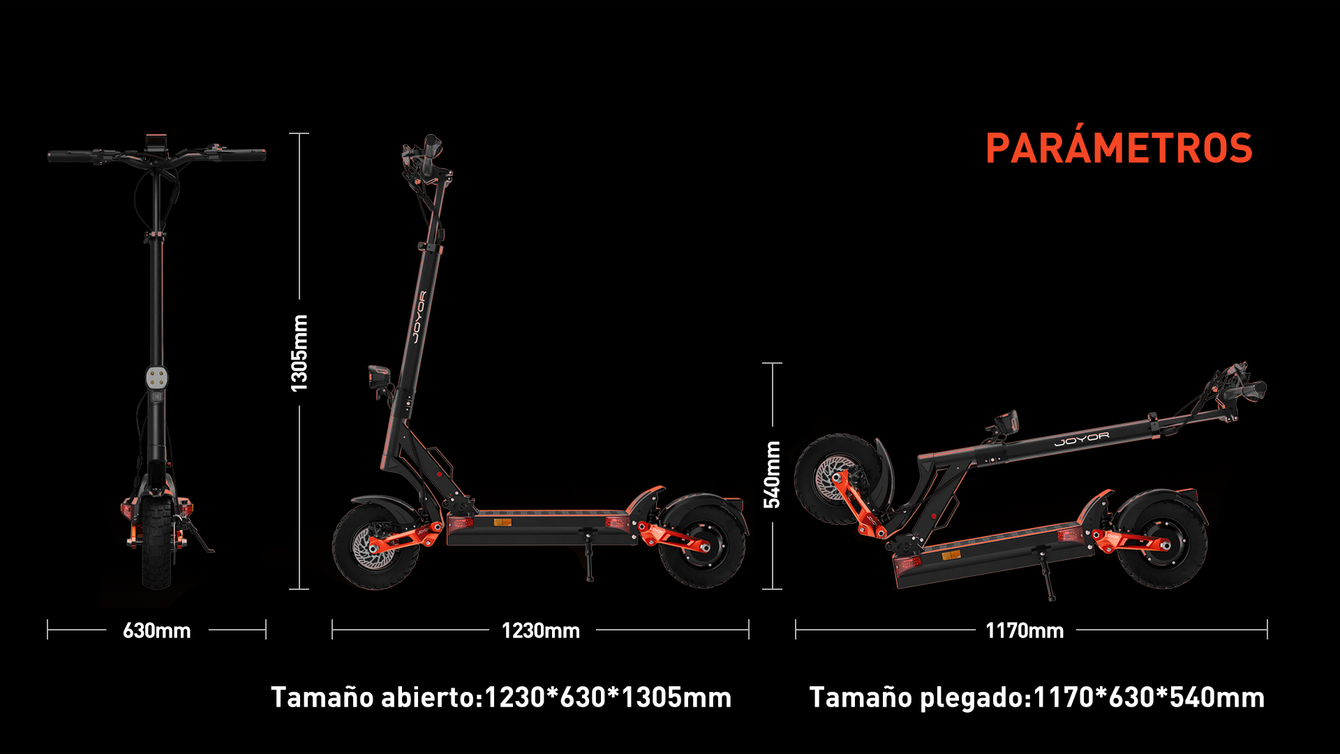 Uno scooter elettrico nero con accenti rossi è mostrato in tre viste.
