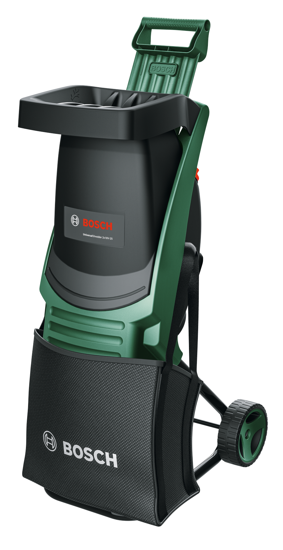 Trituratore Bosch verde con sacco di raccolta nero e ruote.