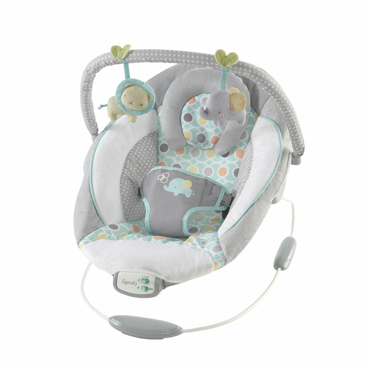 Ein grauer Babyschaukel mit Elefanten- und Löwenanhängern und einem Polka-Dot-Muster.