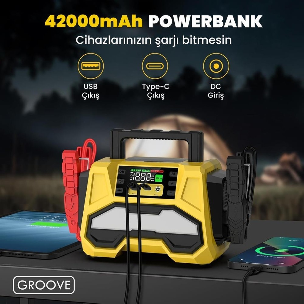 Dijital göstergeli sarı powerbank, USB ve Type-C ile iki telefon şarj ediyor.