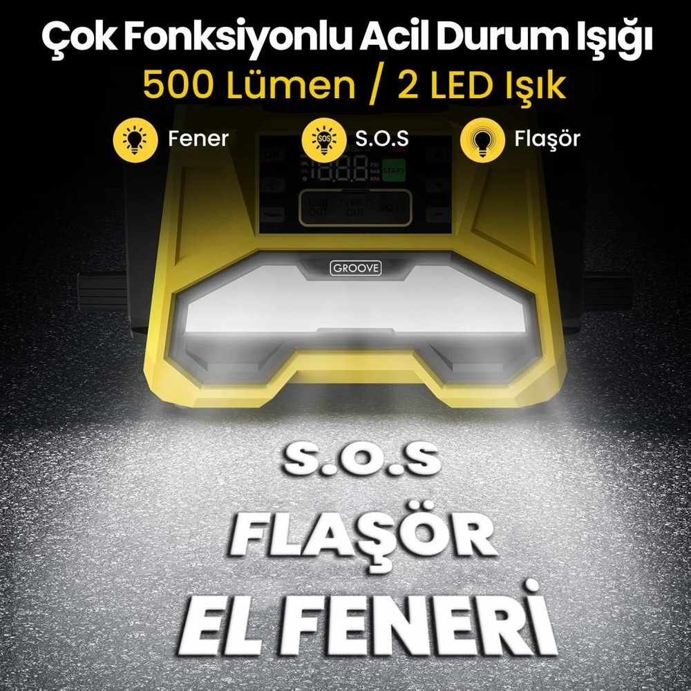 Sarı çok fonksiyonlu acil durum ışığı, 500 lümen, 2 LED, el feneri, SOS ve flaşör.