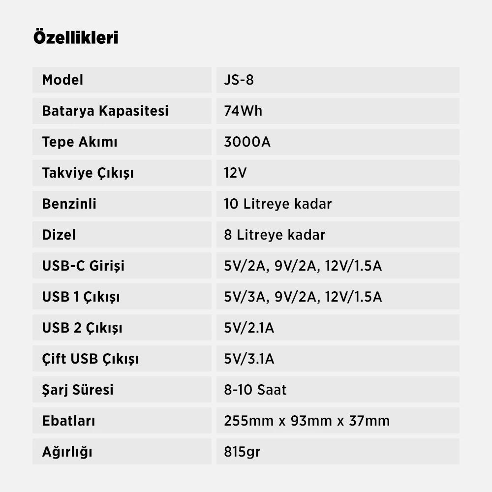 Özellikler tablosu: Model JS-8, 74Wh batarya, 3000A tepe akımı, 12V çıkış.