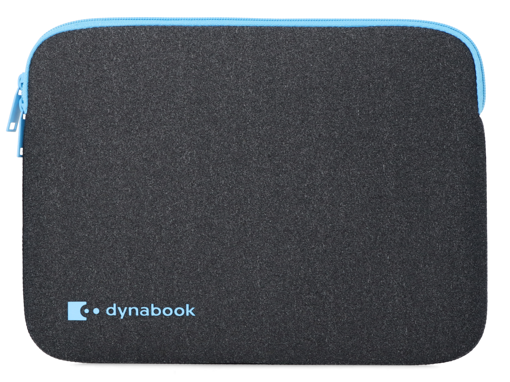 Ciemnoszara torba na laptopa z niebieskim zamkiem i logo Dynabook.