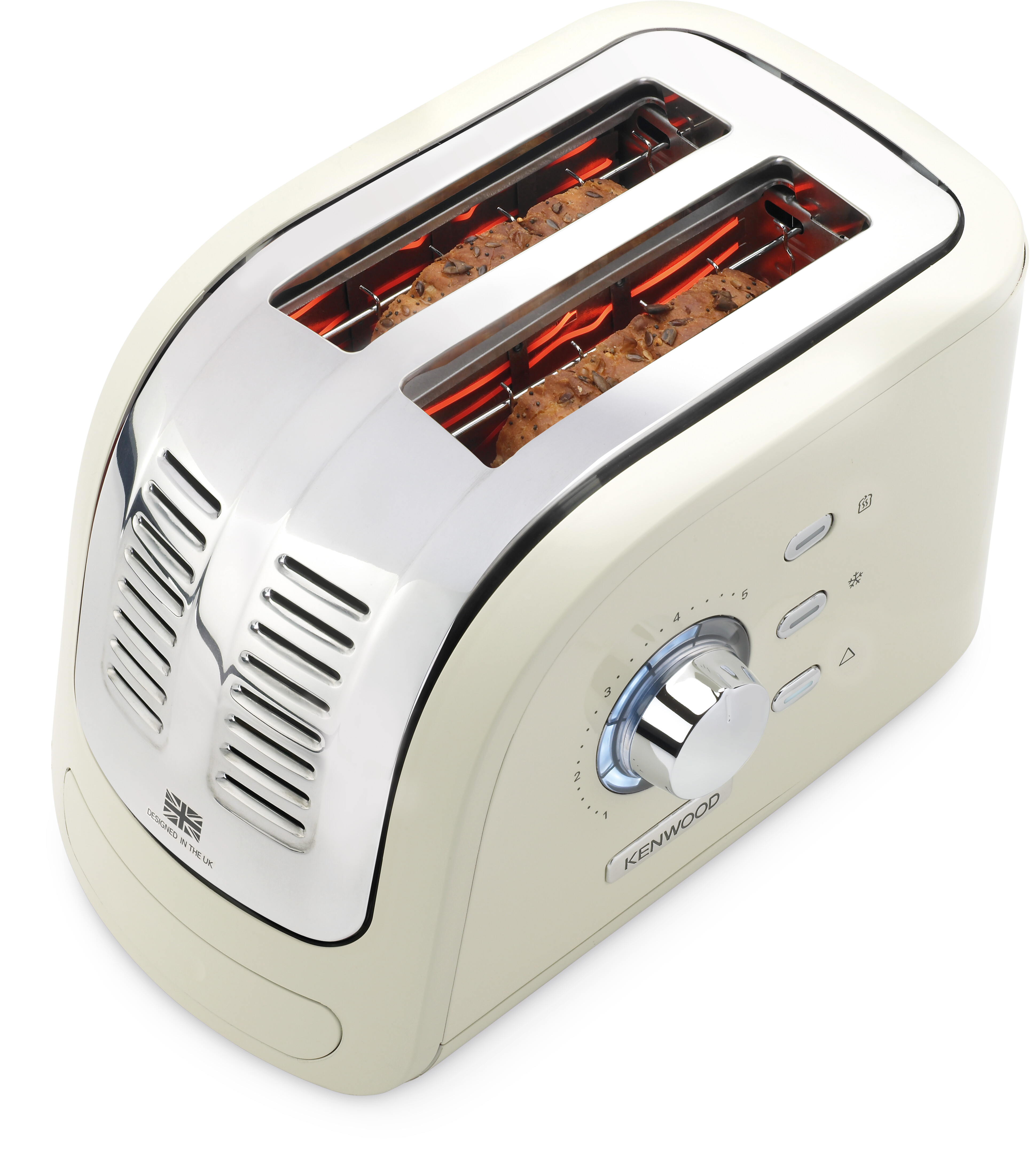Ein cremefarbener Toaster mit zwei Toastschlitzen, in denen Brot toastet.