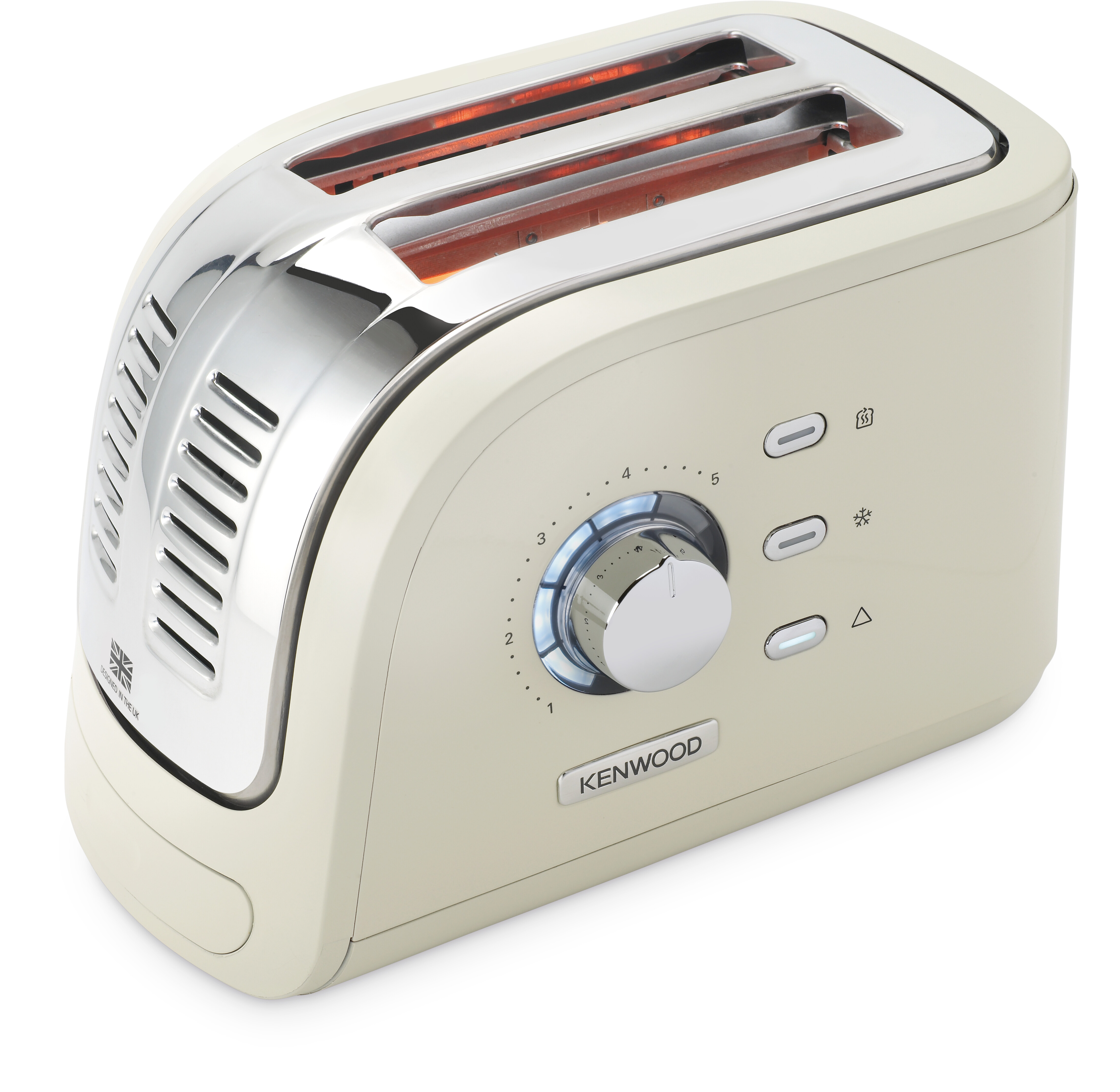 Ein cremefarbener Kenwood-Toaster mit Chromakzenten und leuchtenden Heizelementen.