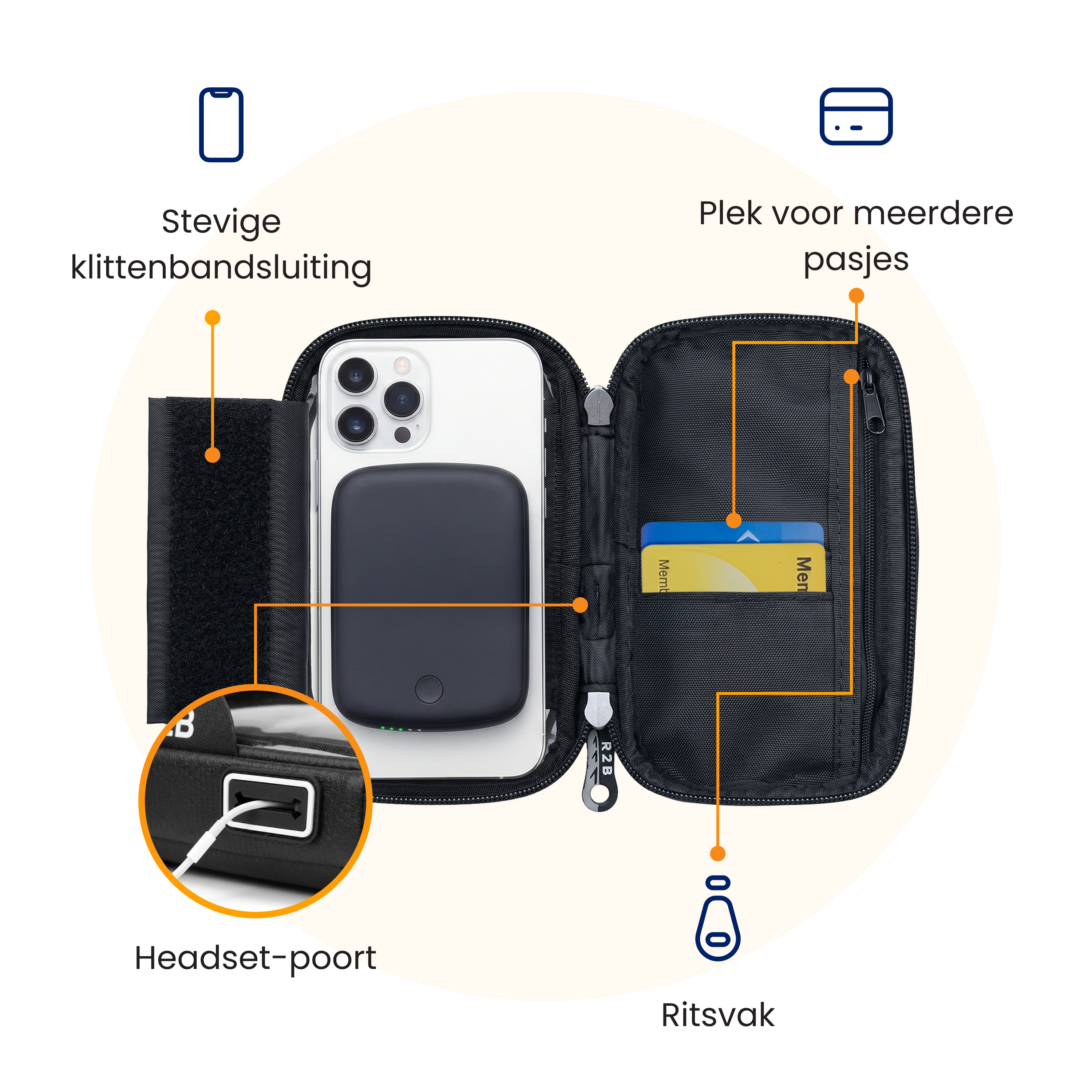 Schwarze Tasche mit Handy, Powerbank, Karten und Kopfhöreranschluss.