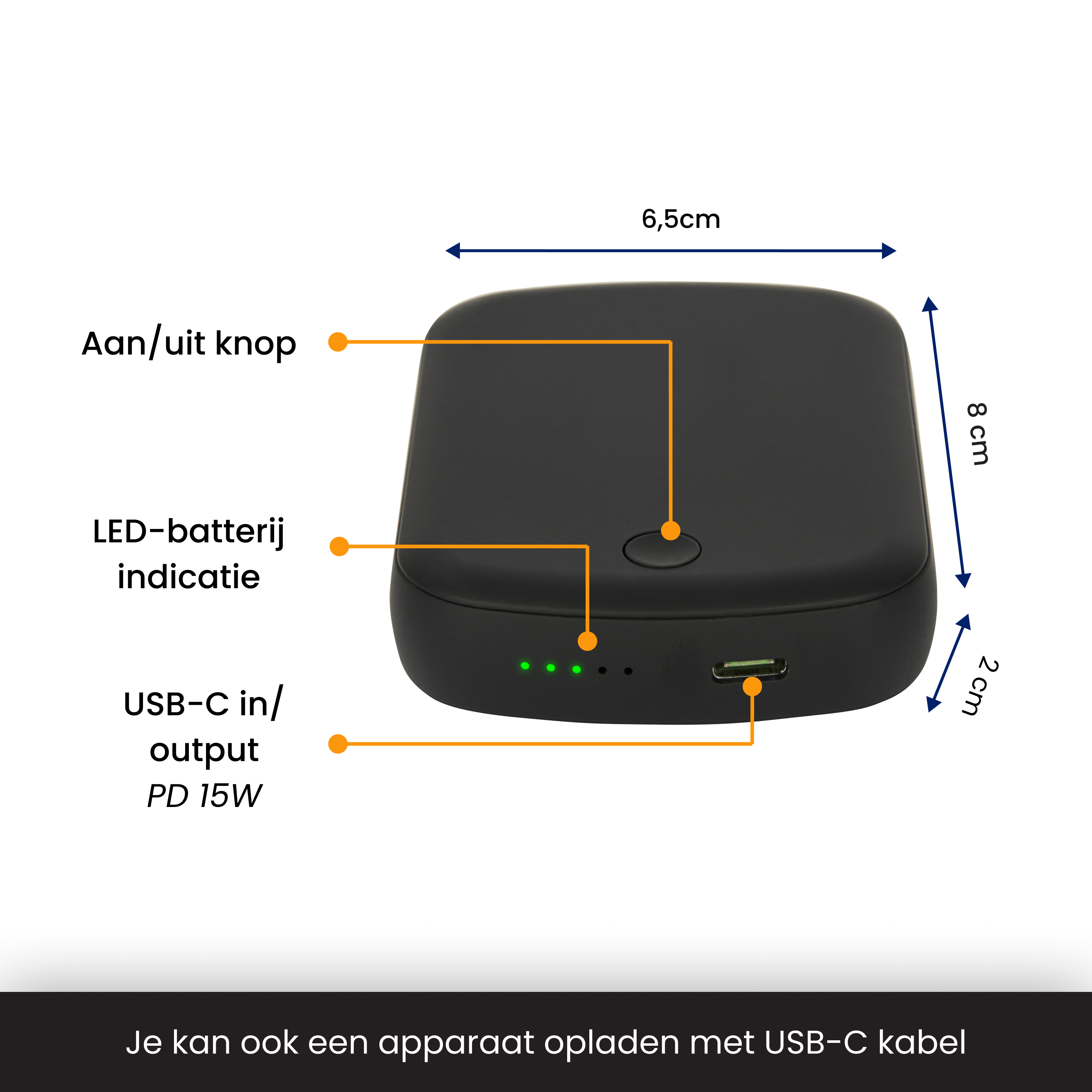 Schwarzer Powerbank mit USB-C, LEDs und Maßen 6,5x8x2cm.