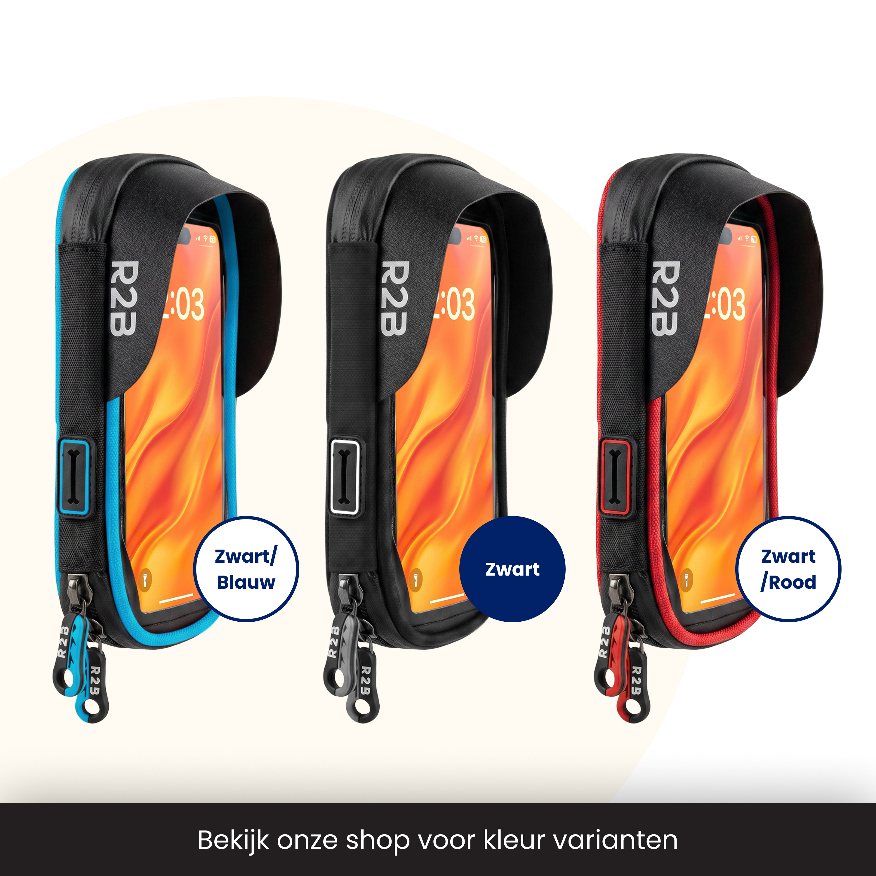 Drei Handyhalterungen in Blau, Schwarz und Rot mit einem Handy darin.