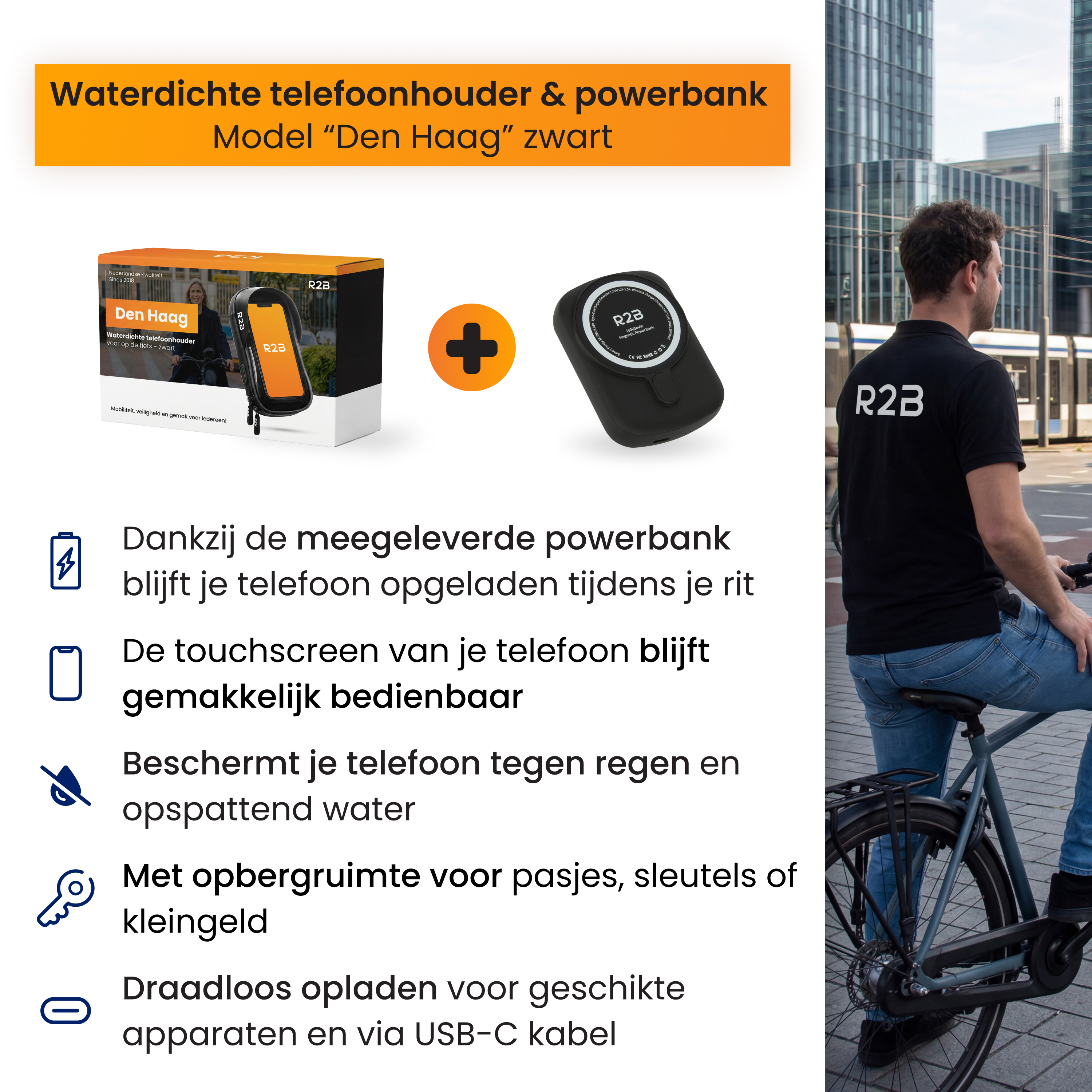 Wasserdichte Handyhalterung & Powerbank 'Den Haag' schwarz mit Radfahrer