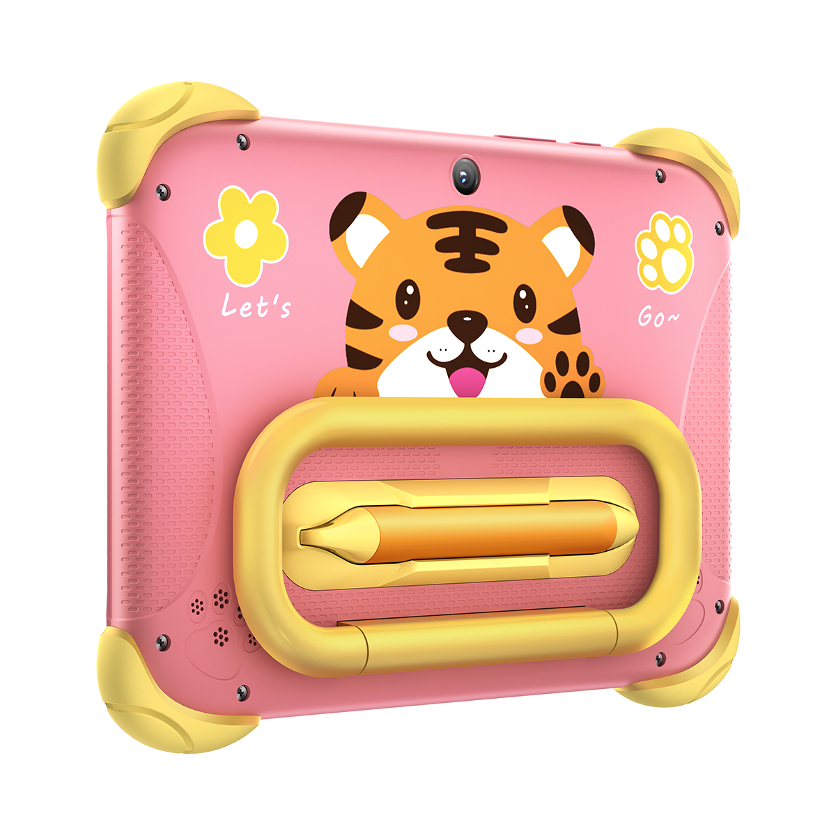 Una tableta rosa con asa amarilla. Presenta un gráfico de tigre y una huella amarilla.