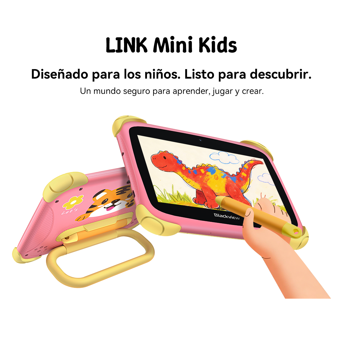 Dos tabletas rosas con parachoques amarillos. Una muestra un dibujo.