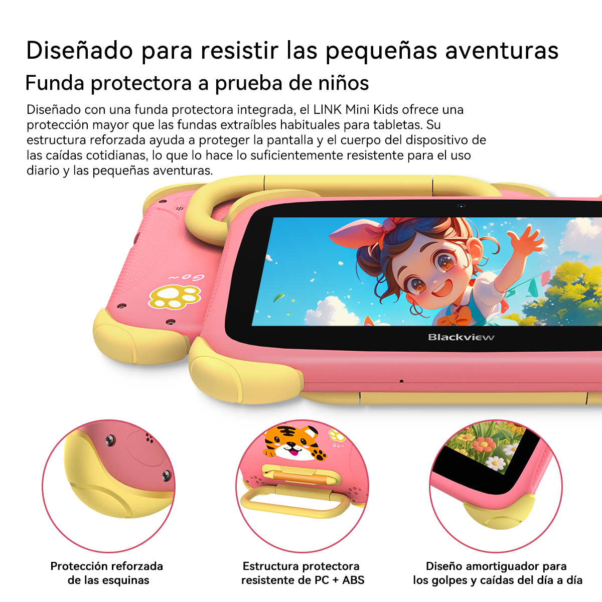 Tablet rosa y amarilla para niños con niña de dibujos animados en pantalla.