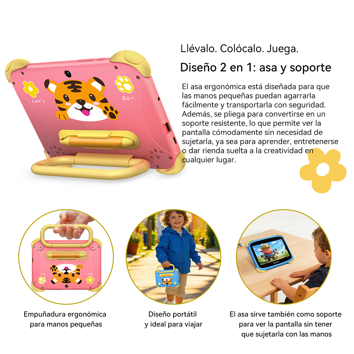 Una tableta rosa con diseño de tigre, asa y soporte para niños.