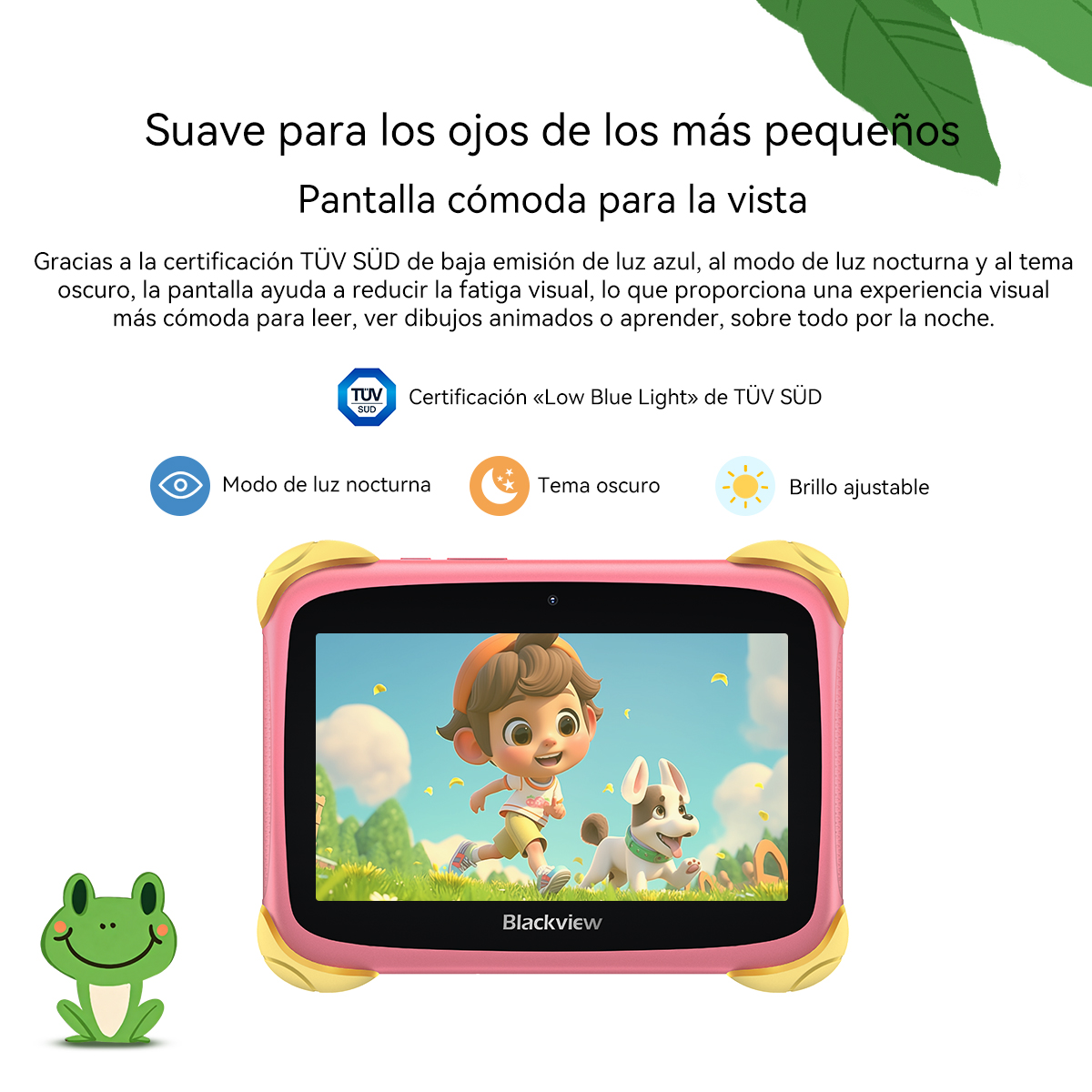 Una tableta rosa con un dibujo de un niño y un perro. Una rana está a la izquierda.