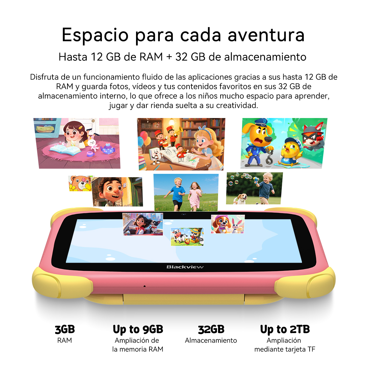 Tableta rosa con imágenes infantiles coloridas y especificaciones.