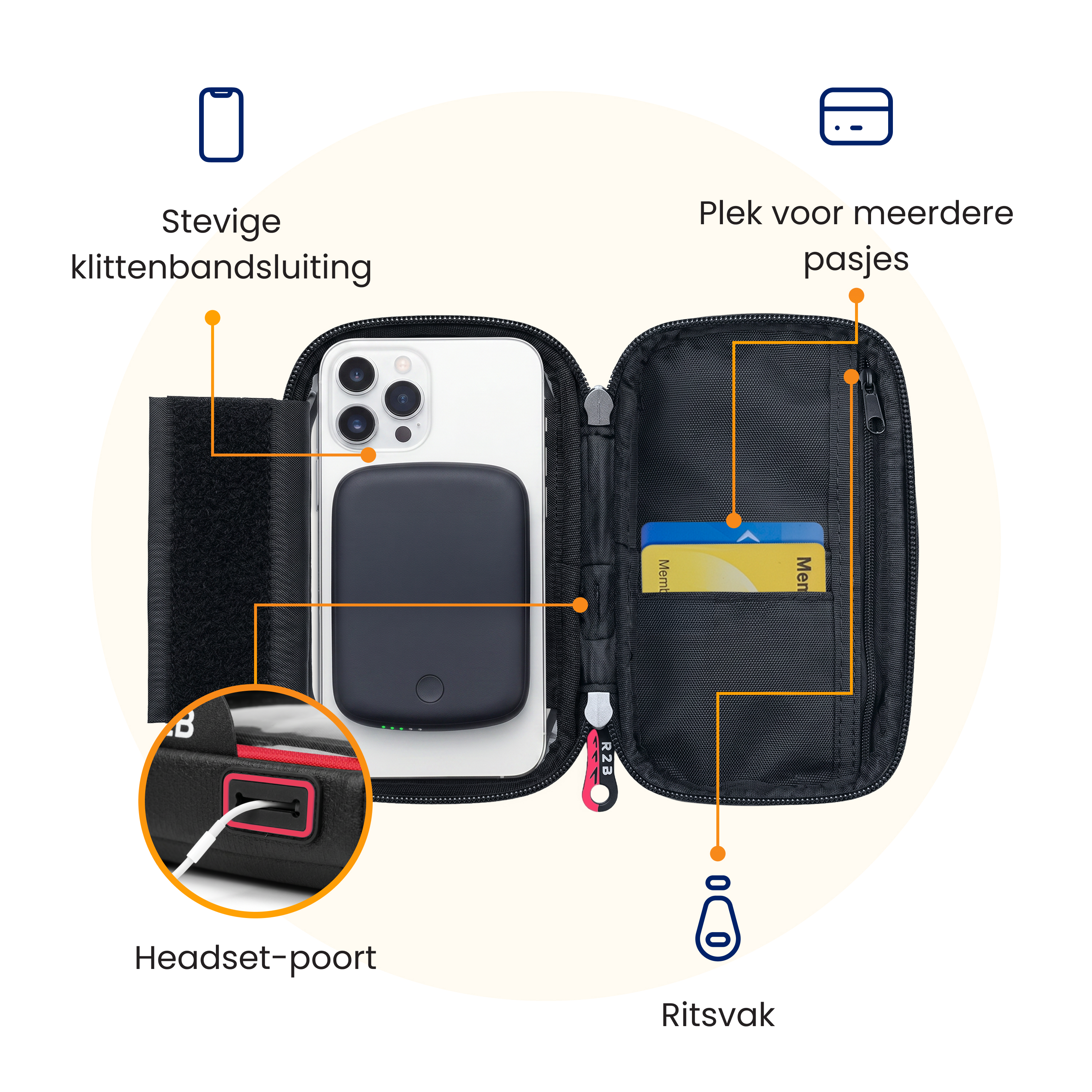 Eine schwarze Tasche mit Handy, Karten und Kopfhöreranschluss.
