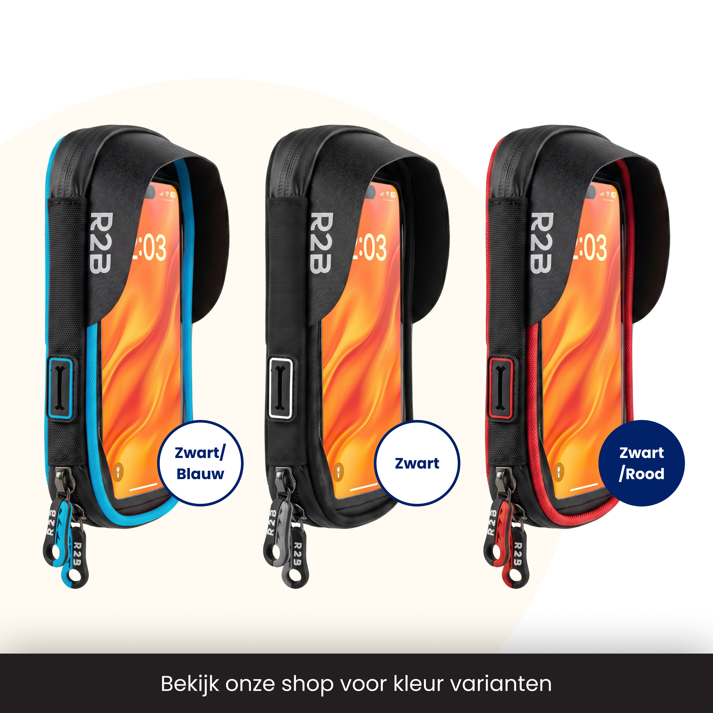 Drei Handyhalterungen in Schwarz, Blau/Schwarz und Rot/Schwarz mit Handys.
