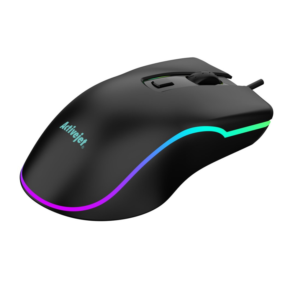 Ratón gaming negro con iluminación RGB y rueda de desplazamiento sobre fondo blanco.
